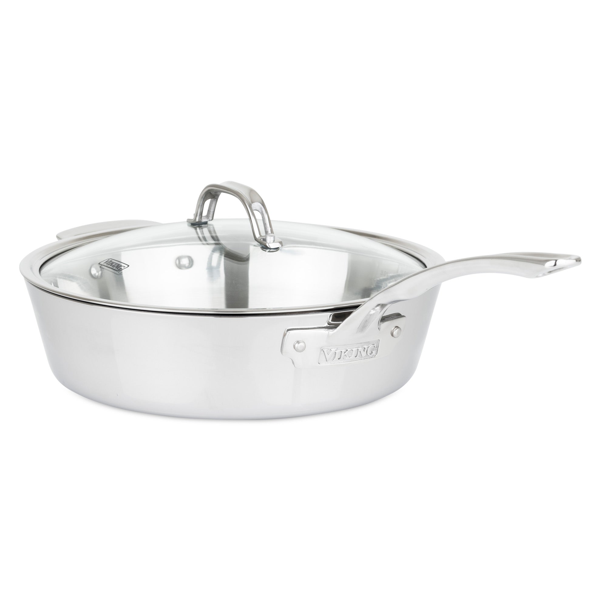 The Viking Culinary Products Viking Contemporary 3-Ply 4.8-Quart Sauté Pan features a long handle, glass lid, and induction-compatible stainless steel with a shiny finish and visible rivets for durability and modern style, shown on a white background.