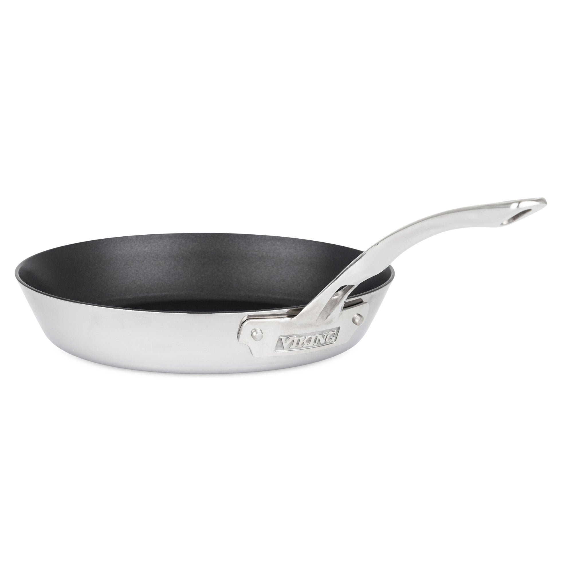 The Viking Culinary Products Contemporary 3-Ply Stainless Steel 10-Inch Nonstick Fry Pan features a black interior, long curved handle, induction compatibility, and upward angle. Viking branding is on the side. Shown on a white background.