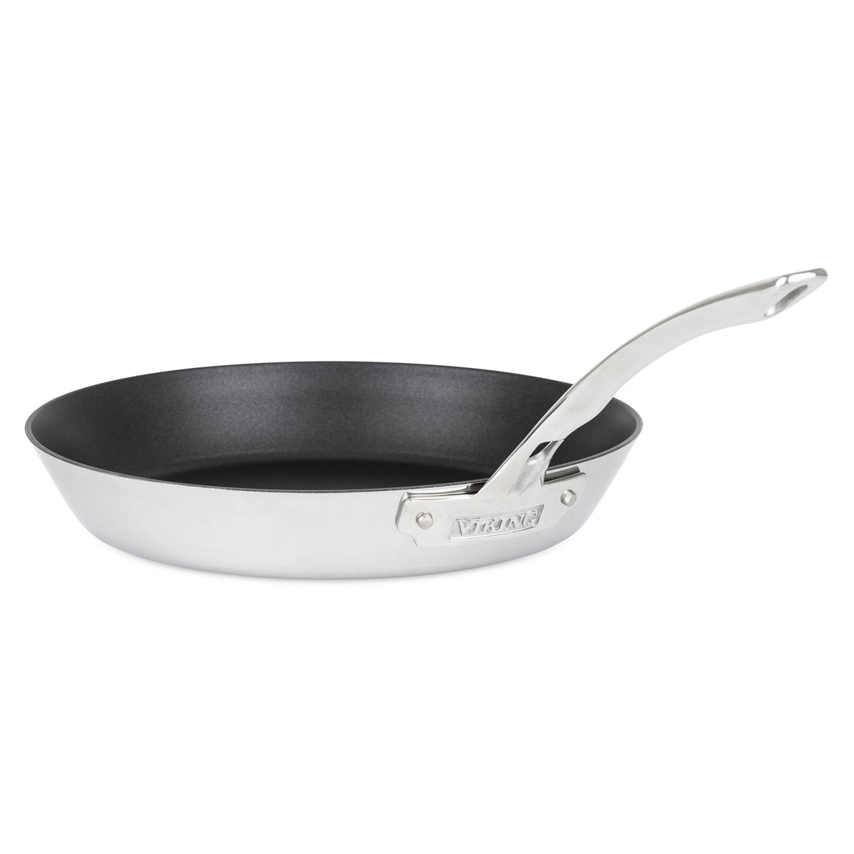 The Viking Contemporary 3-Ply Stainless Steel 12-Inch Nonstick Fry Pan by Viking Culinary Products features a black interior, long sturdy handle with engraved branding, and is induction compatible. Shown against a white background.