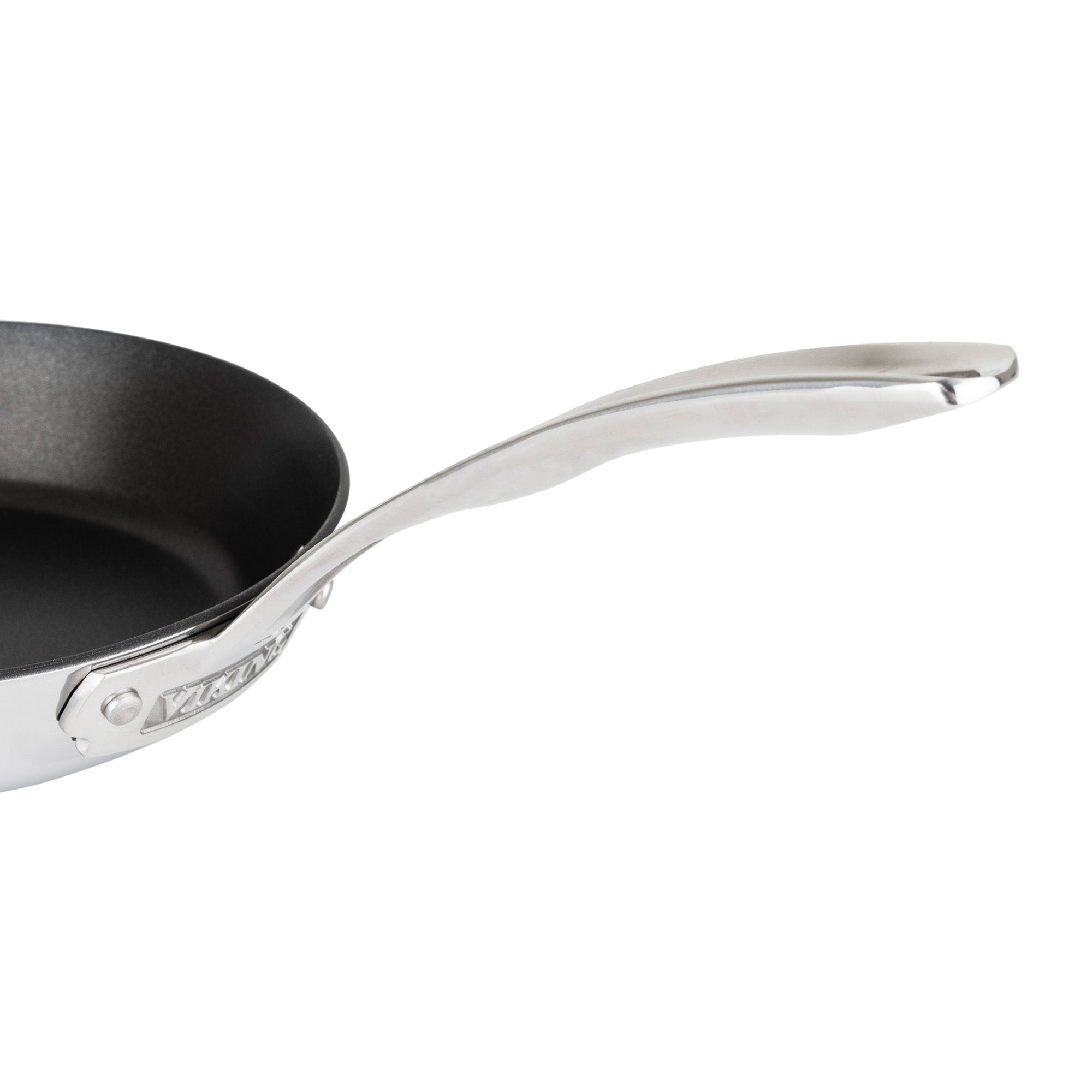 Close-up of the Viking Culinary Products Contemporary 3-Ply Stainless Steel 8-Inch Nonstick Fry Pan, featuring a stainless steel exterior and curved metal handle, shown on a white background to highlight its sleek design.