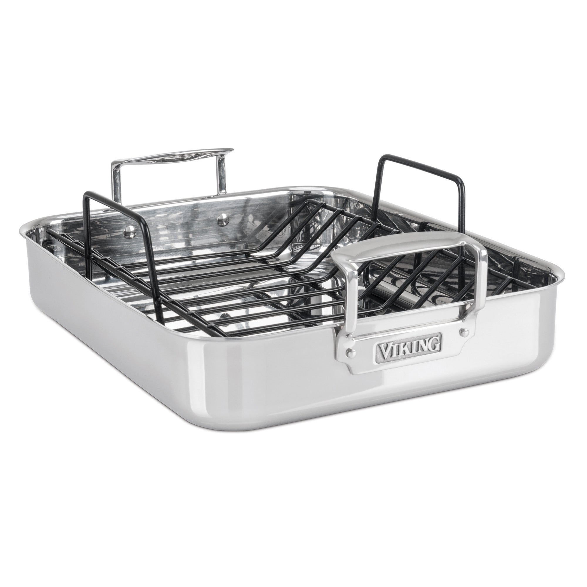The Viking 3-Ply Stainless Steel Roaster with Rack by Viking Culinary Products features large handles and a removable nonstick rack, shown against a white background.