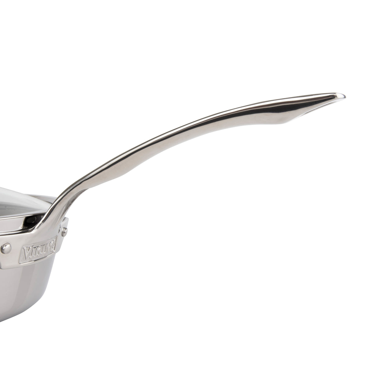 Close-up of a shiny, riveted handle on the Viking Contemporary 3-Ply Stainless Steel Saucepan from Viking Culinary Products 12-Piece Cookware Set, highlighting its induction compatibility and polished stainless steel quality.