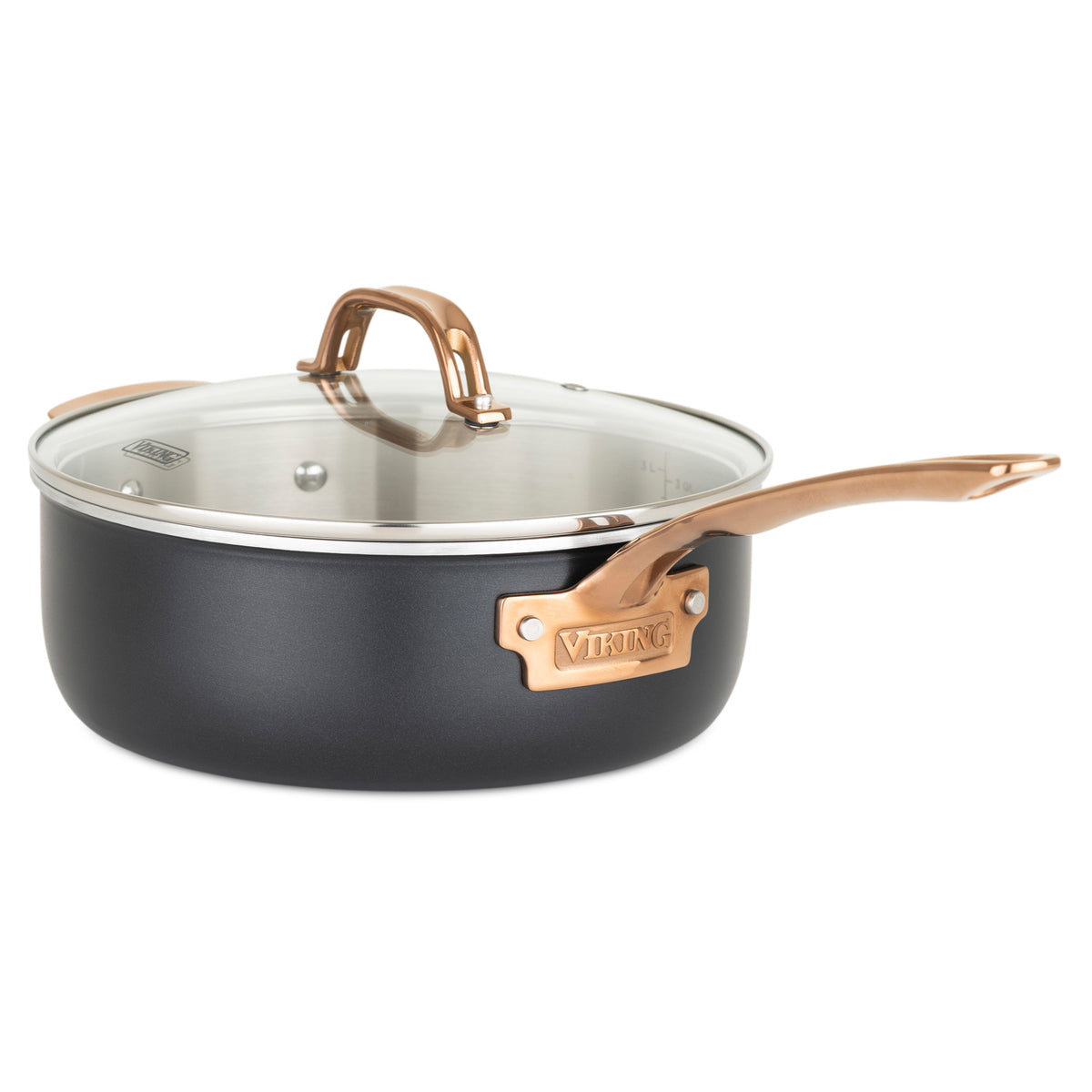 The Viking 3-Ply 11 Piece Black and Copper Cookware Set with Glass Lids from Viking Culinary Products features vented lids, copper-colored stay-cool handles, and stainless steel accents—perfect for your cookware collection.