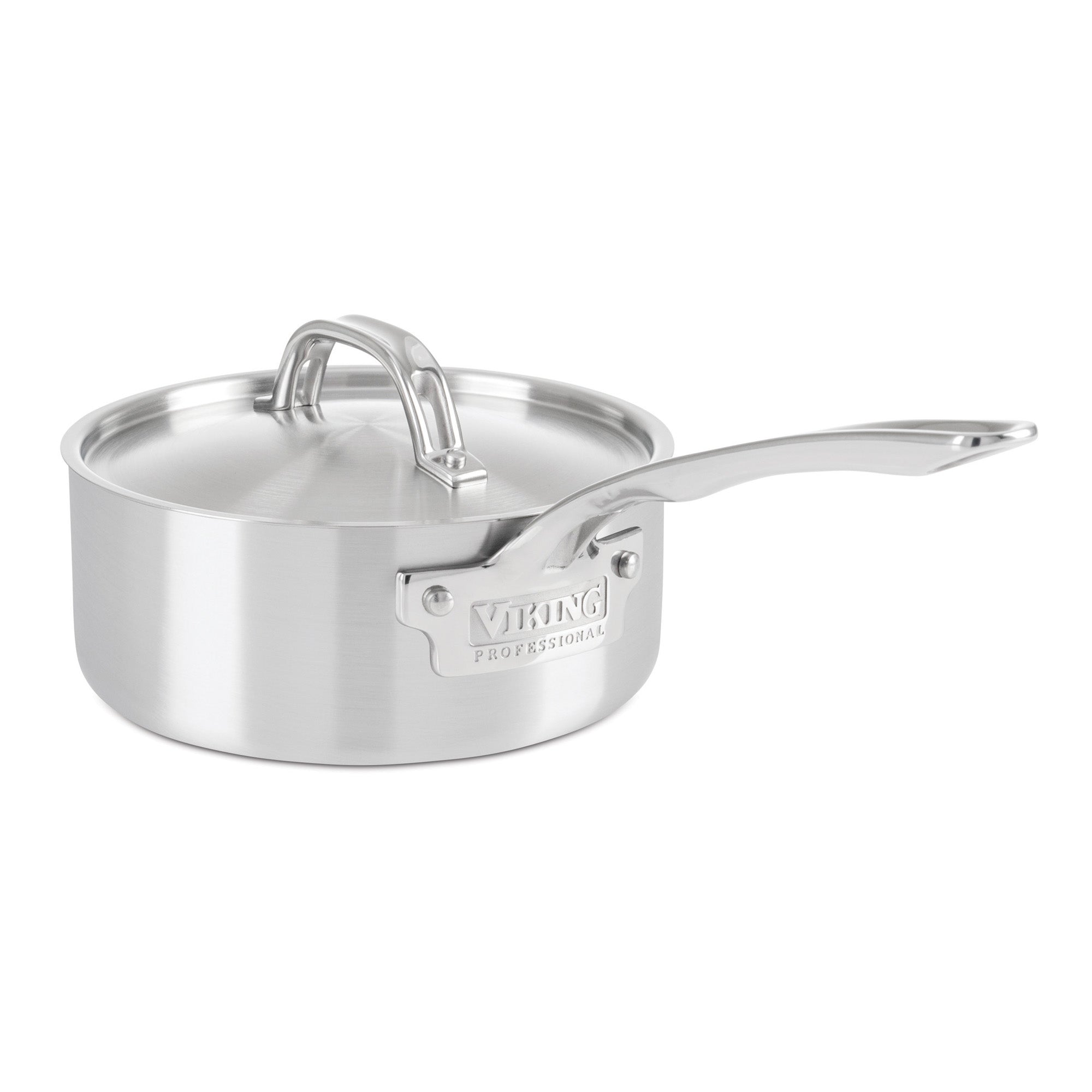 The Viking Culinary Products Professional 5-Ply 2-Quart Sauce Pan features a stainless steel build, metal lid, stay-cool handle, and is adorned with the Viking Professional logo. It is clean and shiny against a white background.
