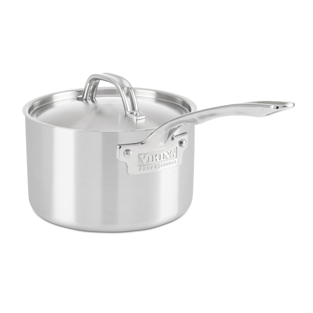 The Viking Professional 5-Ply 10-piece Cookware Set from Viking Culinary Products features a brushed stainless steel saucepan with a lid, long handle, and the Viking logo on the side, displayed against a white background.