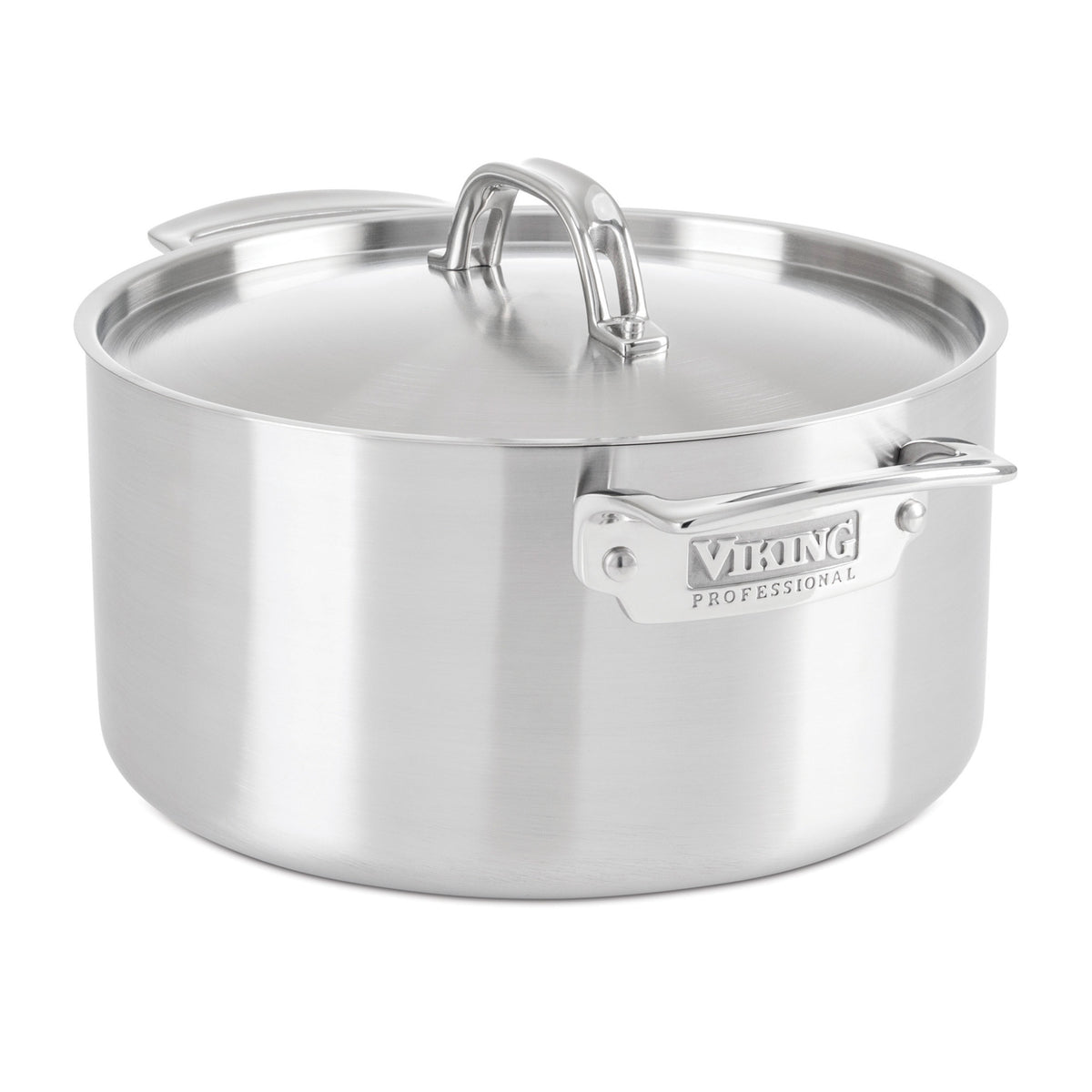The Viking Culinary Products Professional 5-Ply Stainless Steel 6-Quart Stock Pot features a lid and Stay-Cool Handles with a brushed finish, shown on a white background.