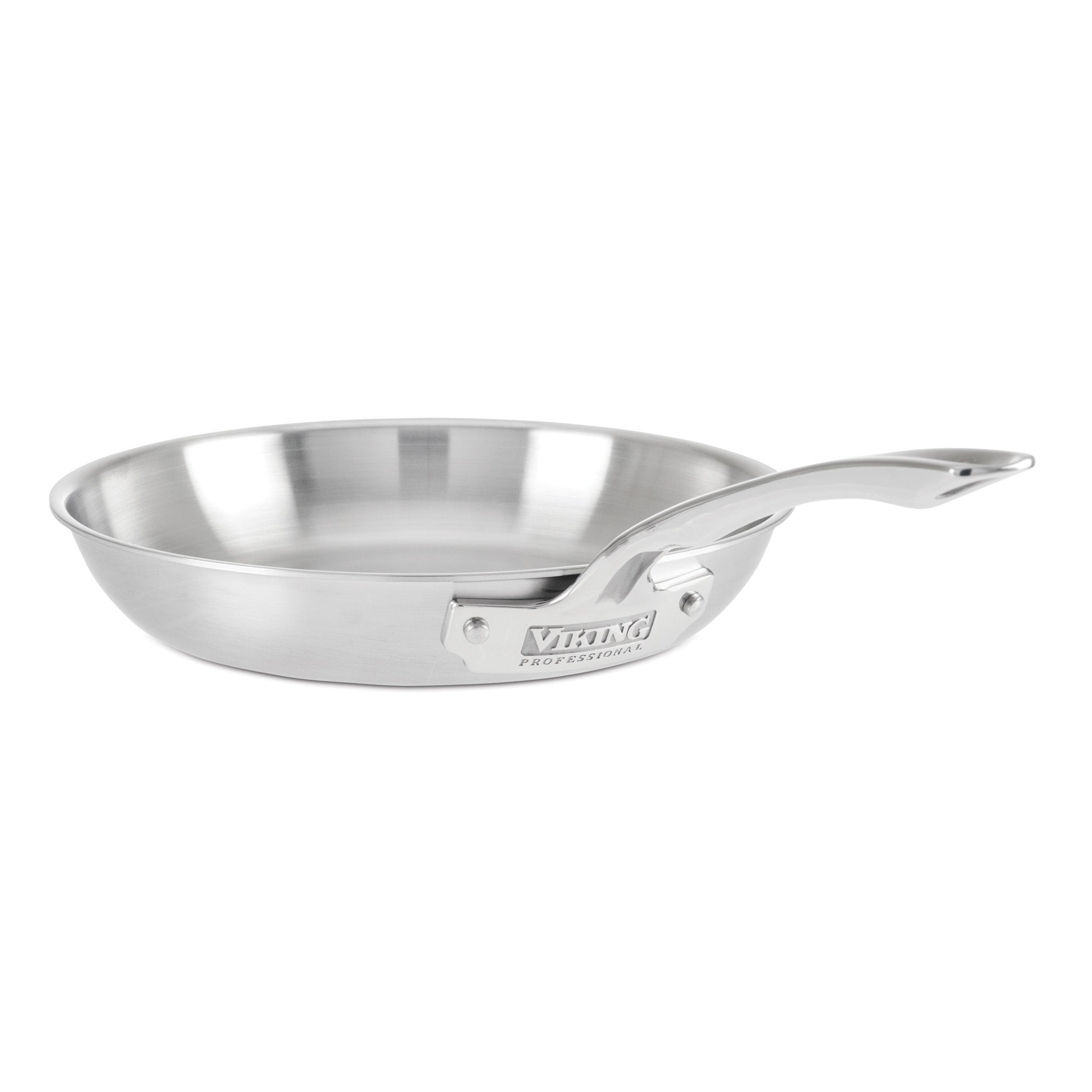 A Viking Culinary Products Professional 5-Ply 10-Inch Fry Pan with a long, sturdy handle is displayed on a white background, highlighting premium stainless steel cookware.