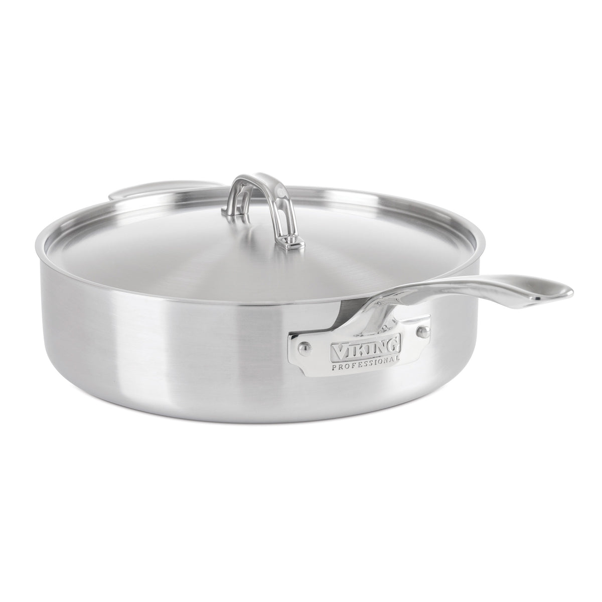 The Viking Culinary Products Professional 5-Ply Stainless Steel 6.4-Quart Sauté Pan features a metal lid, one long and one short handle, and “Viking Professional” branding on the side.