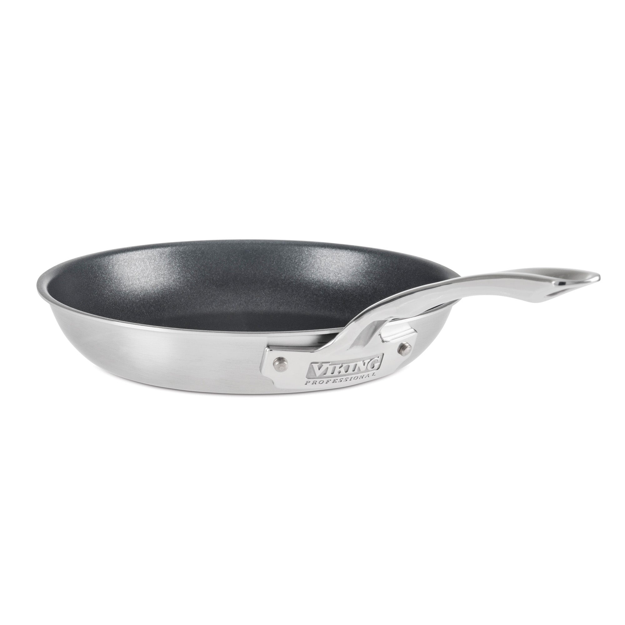 The Viking Culinary Products Professional 5-Ply Stainless Steel Covered Nonstick 10-Inch Fry Pan features a nonstick interior, stainless body, Stay-Cool handle with engraved brand, and is shown empty on a white background.