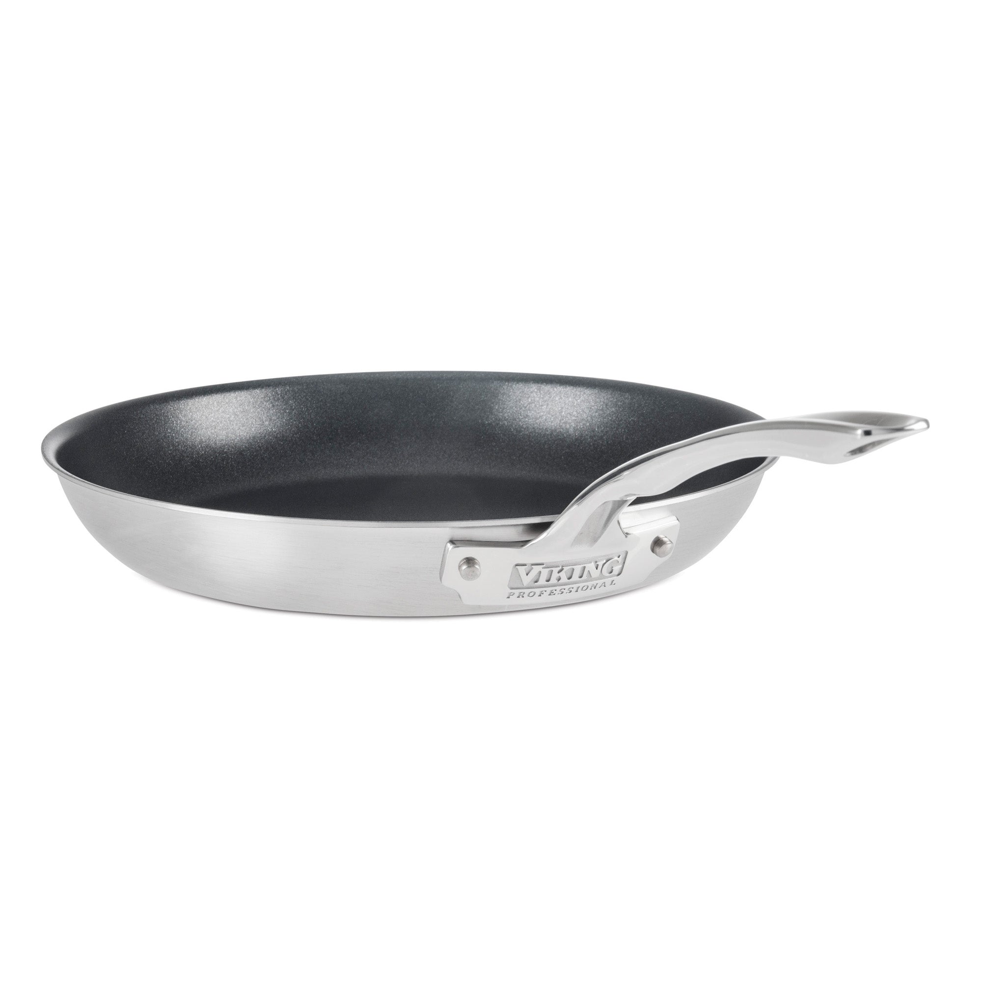 A Viking Culinary Products Professional 5-Ply 12-Inch Nonstick Fry Pan is shown on a white background, featuring a stainless steel interior and a stay-cool handle.