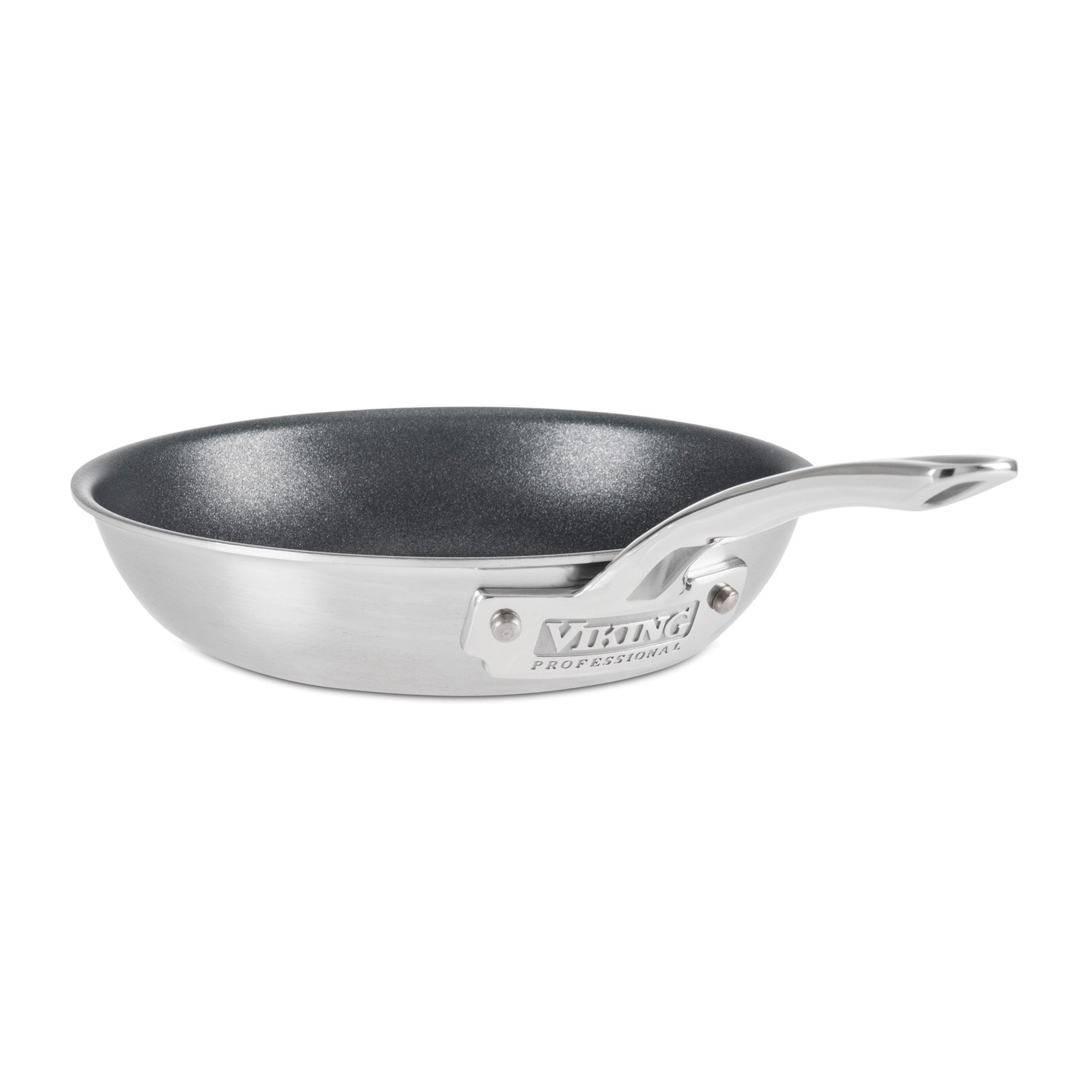 The Viking Culinary Products Professional 5-Ply 8-Inch Nonstick Fry Pan features stainless steel construction, a sturdy handle, and the brand name engraved on its side.