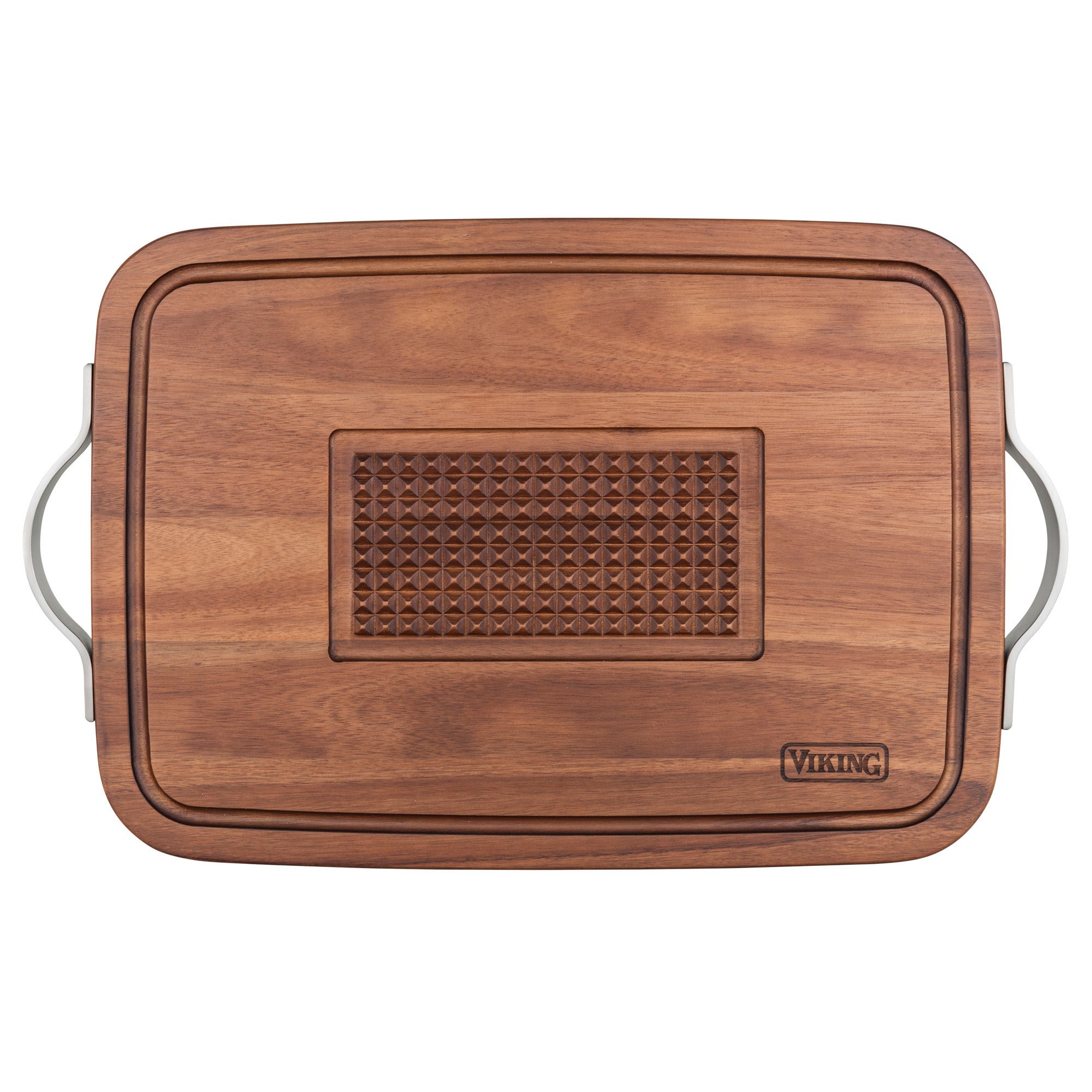 The Viking Acacia Carving Board by Viking Culinary Products features a juice well, heavy-duty metal handles, a textured center, and the word Viking engraved in one corner.