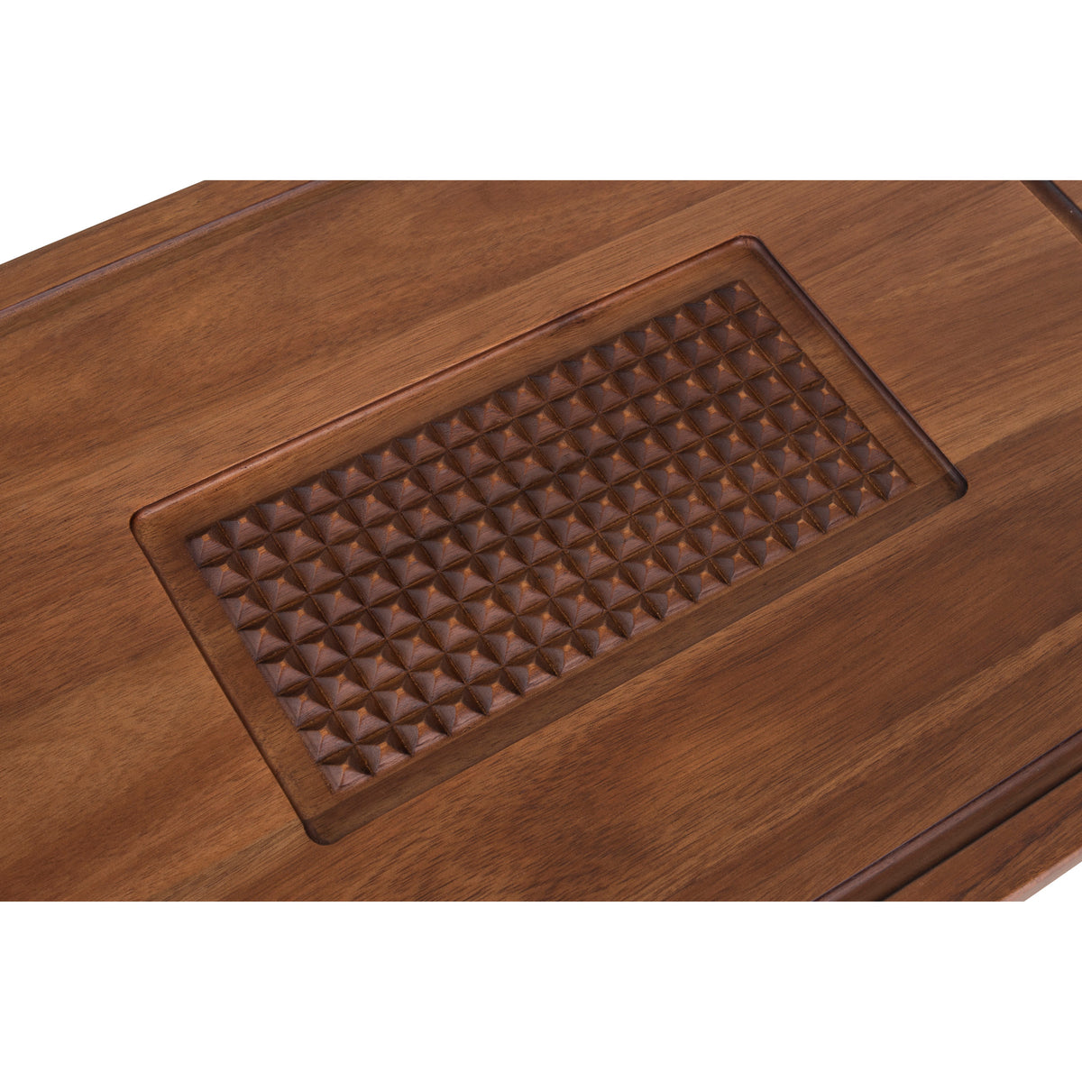 A close-up of the Viking Acacia Carving Board by Viking Culinary Products features a rectangular Acacia wood surface with pyramid-shaped studs, a rich brown finish, a juice well, and heavy-duty metal handles for durability.