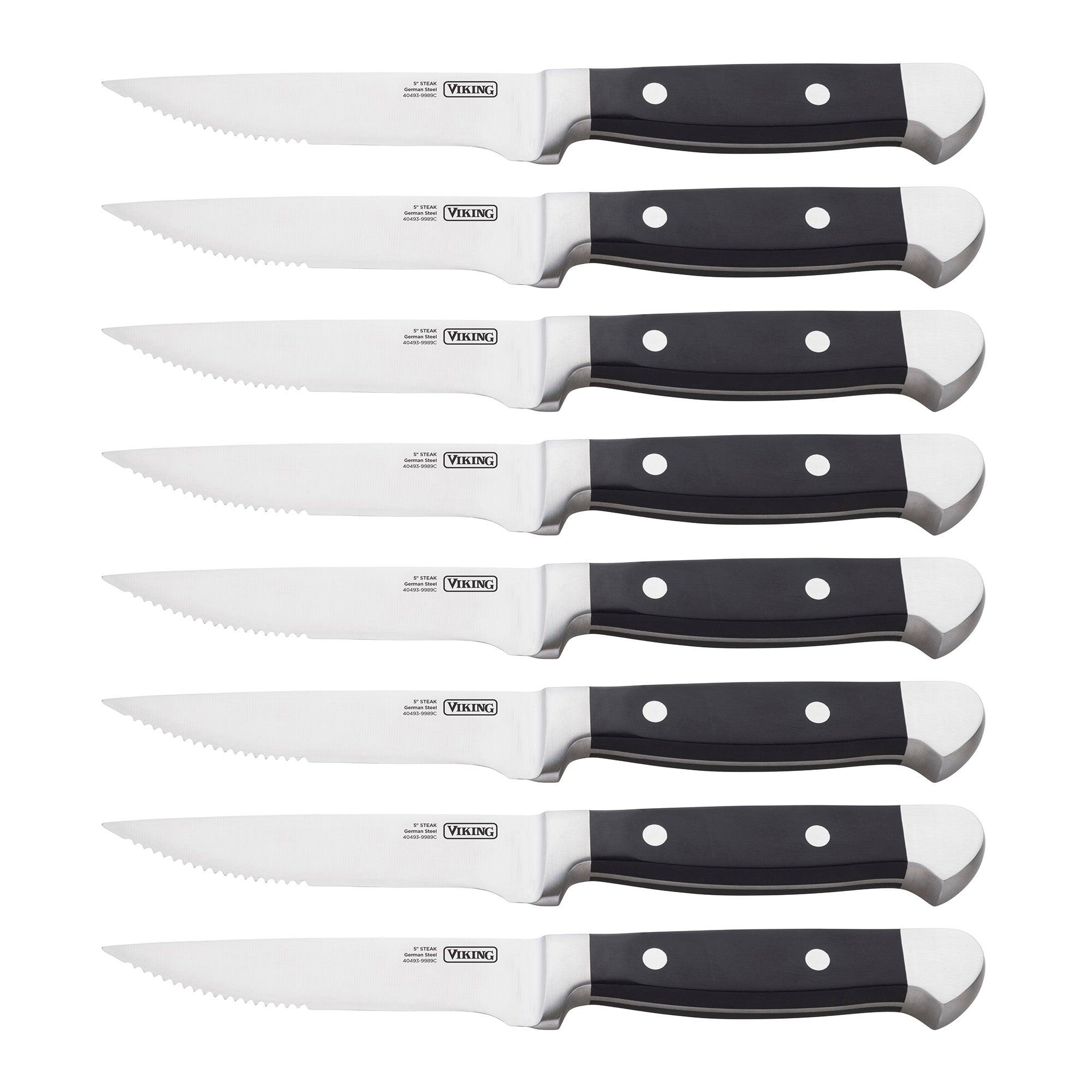 Eight identical Viking Culinary Products Steakhouse knives from the 8-Piece Set, featuring double riveted handles and German stainless steel blades, are arranged in a straight line on a white background.