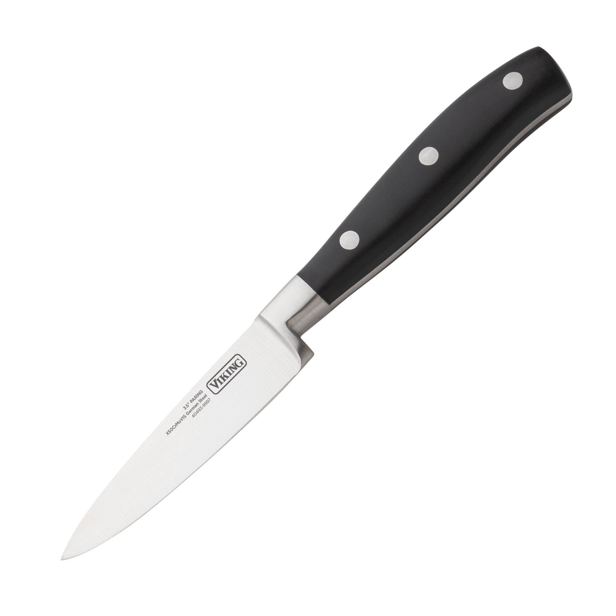 The Viking 17-Piece Cutlery Set by Viking Culinary Products includes a paring knife with an ergonomic black handle, three metal rivets, and a stainless steel blade, shown angled on a white background with a light walnut color block.