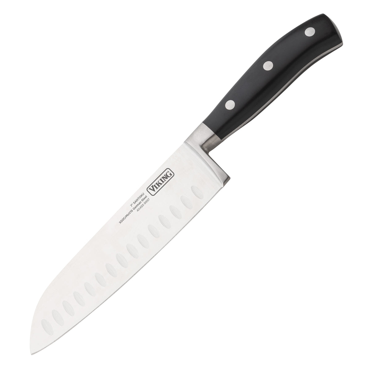 The Viking Culinary Products 17-Piece Cutlery Set with Light Walnut Color Block includes a Santoku chef knife featuring an ergonomic black handle with three rivets and a wide blade with oval indents for easy slicing.