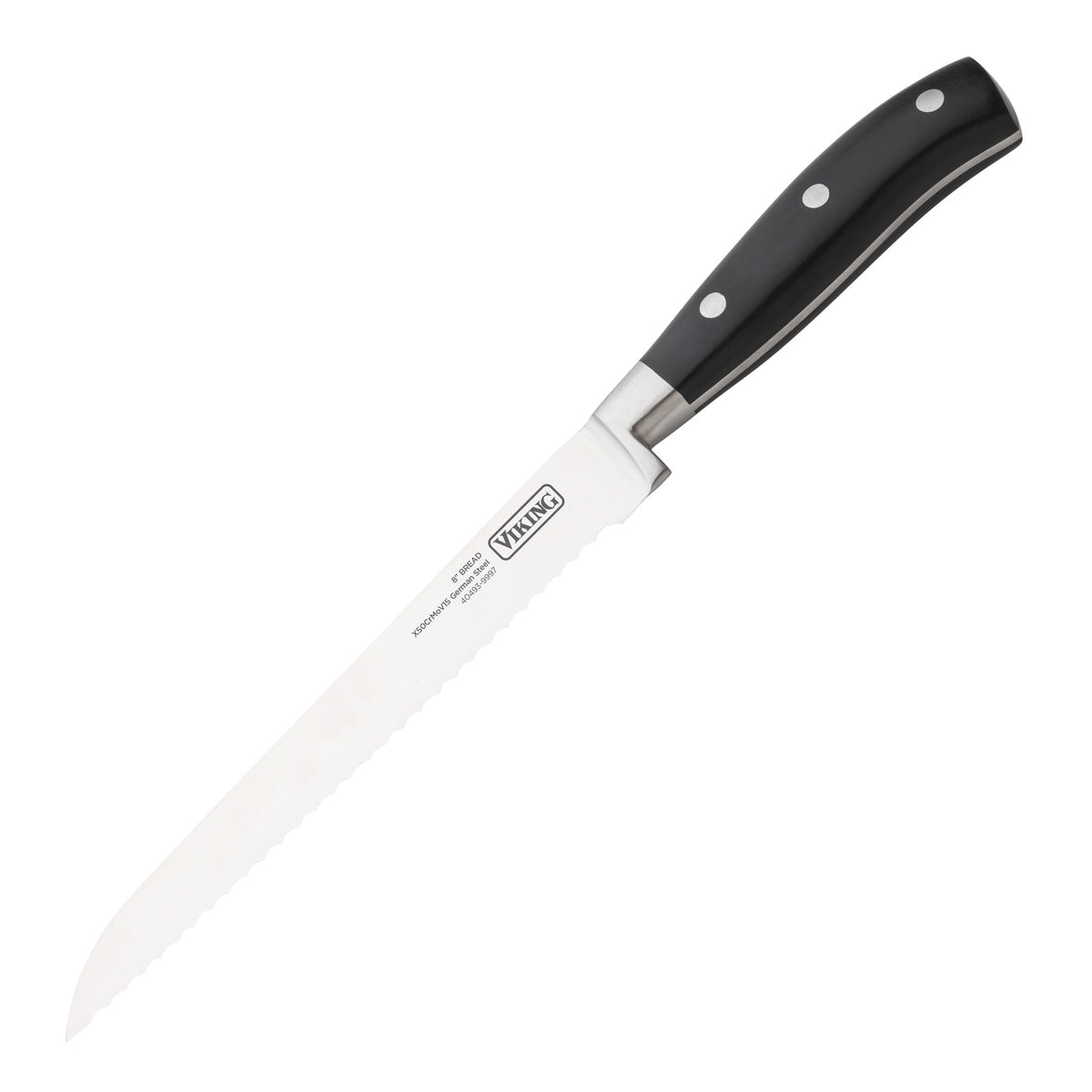 The Viking Culinary Products 17-Piece Cutlery Set with Light Walnut Color Block includes a serrated bread knife with a black handle, three silver rivets, the Viking logo on the stainless steel blade for lasting sharpness.