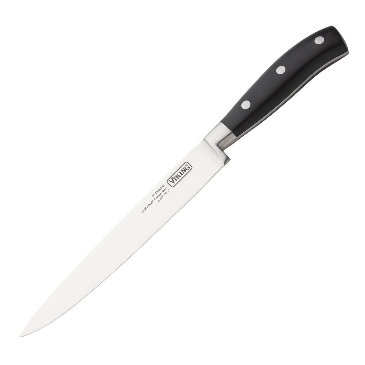 The Viking 17-Piece Cutlery Set by Viking Culinary Products features chef knives with stainless steel blades, ergonomic black handles with three rivets, all elegantly displayed in a light walnut color block.