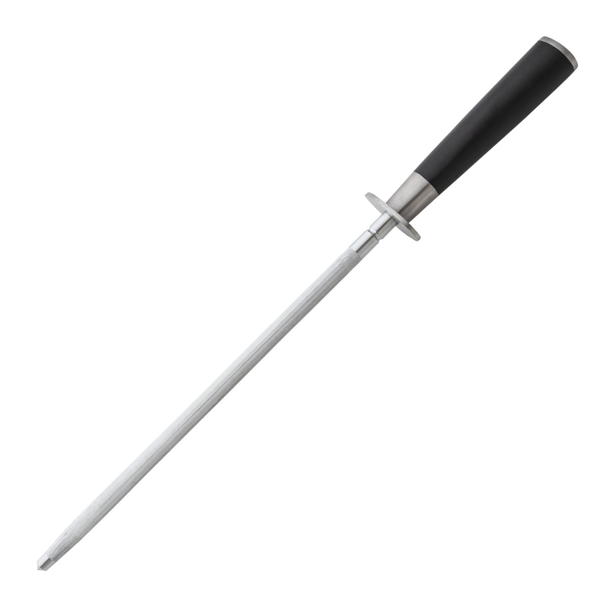 The Viking 17-Piece Cutlery Set with Light Walnut Color Block by Viking Culinary Products includes a honing steel with a long, cylindrical rod and ergonomic black handle—perfect for sharpening chef knives or stainless steel blades.