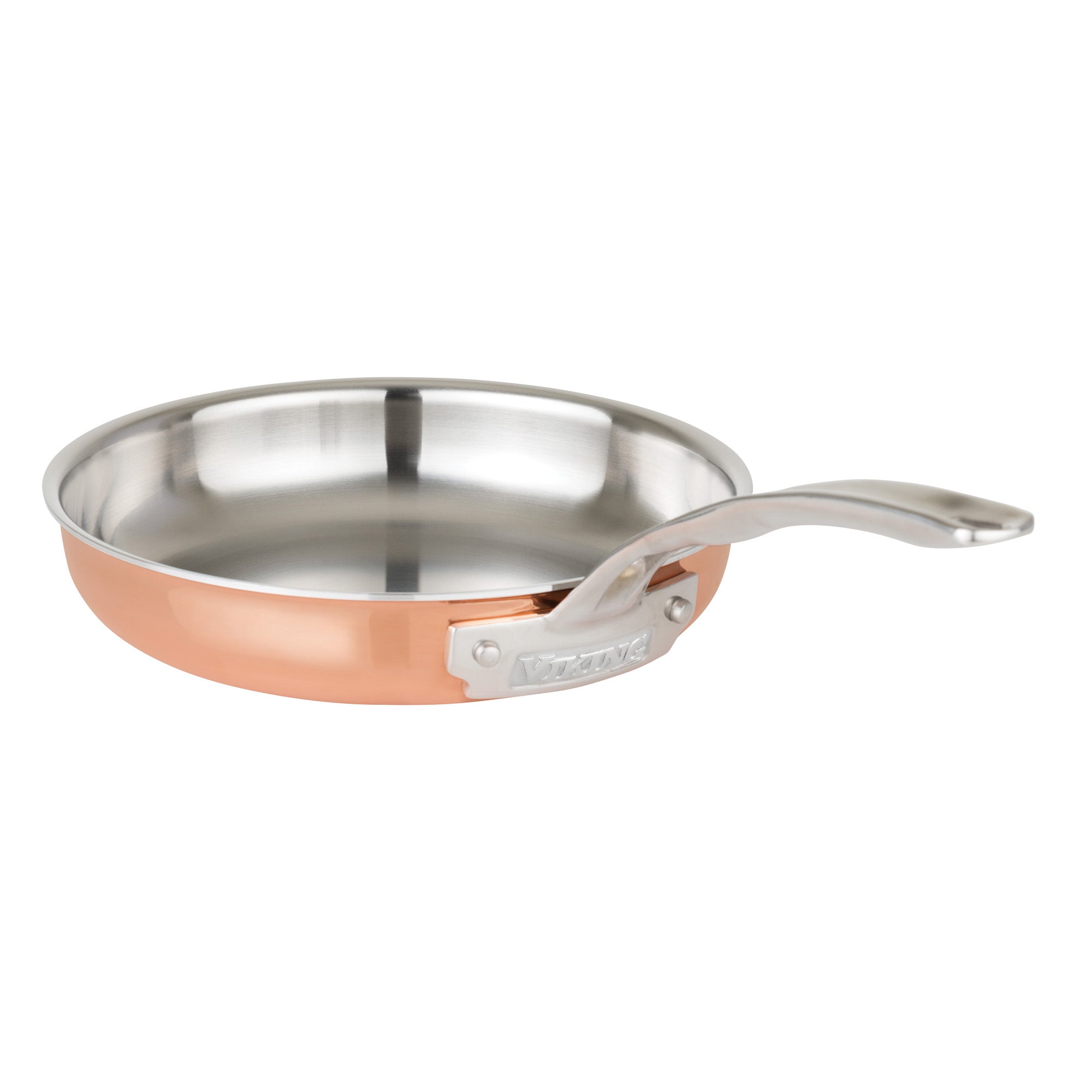 The Viking Culinary Products 3-Ply Copper Clad 13-Piece Cookware Set with Glass Lids features stainless steel pans with copper exteriors, curved metal handles, and tri-ply construction for high thermal conductivity, displayed on a white background.