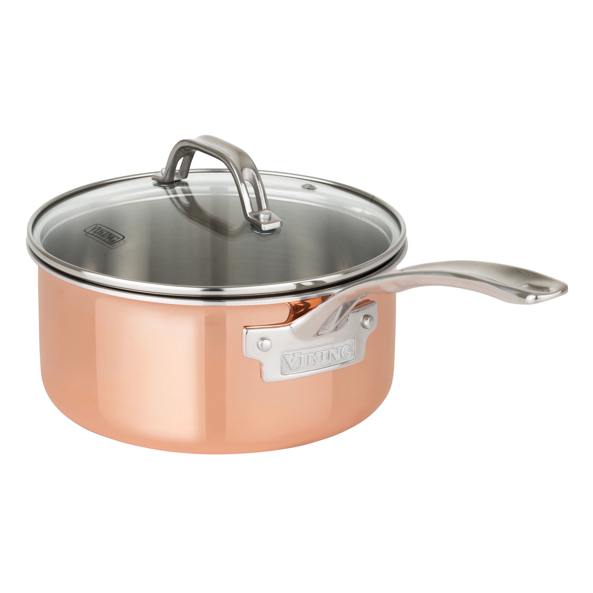 The Viking 3-Ply Copper Clad Saucepan from Viking Culinary Products features a tri-ply construction, stainless steel handle, glass lid, and metal brand label for superior conductivity, shown against a white background.
