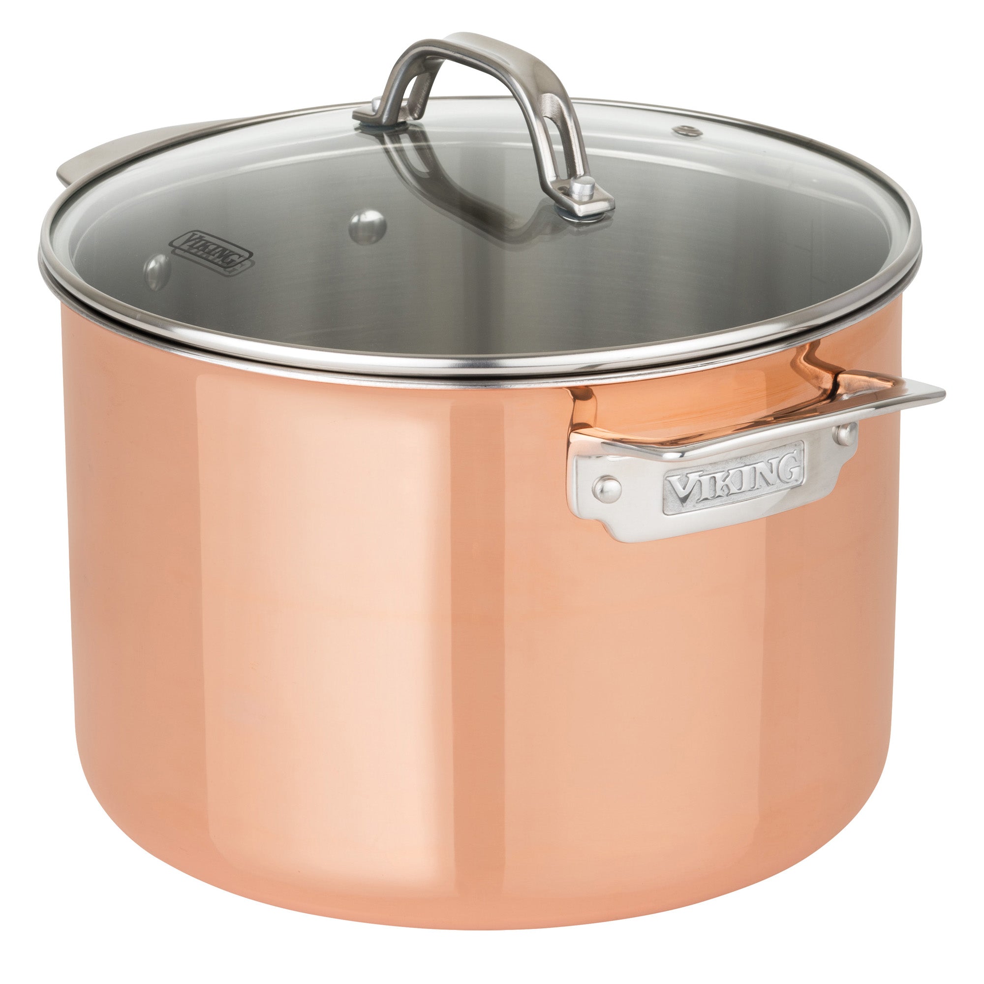 The Viking Culinary 3-Ply Copper Clad 13-Piece Cookware Set features glass lids, copper exteriors, metal handles with the Viking name engraved, and tri-ply construction for superior thermal conductivity.