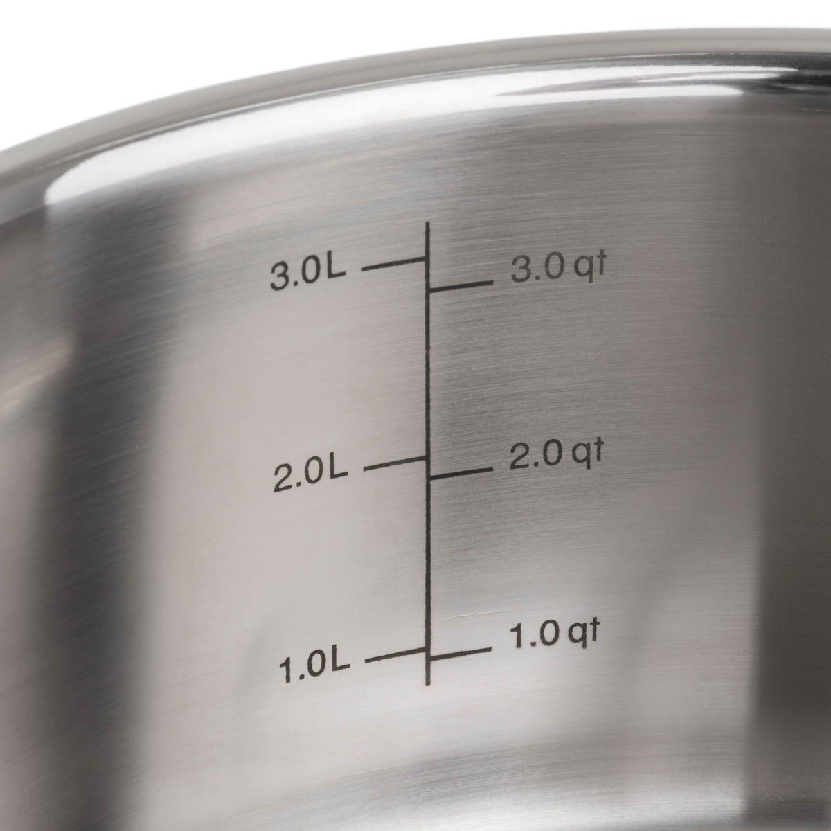 Close-up of the Viking 3-Ply Copper Clad Pot from Viking Culinary Products, showing liter (1.0L–3.0L) and quart (1.0–3.0 qt) markings—part of a 13-piece set designed for high thermal conductivity and versatile cooking needs.