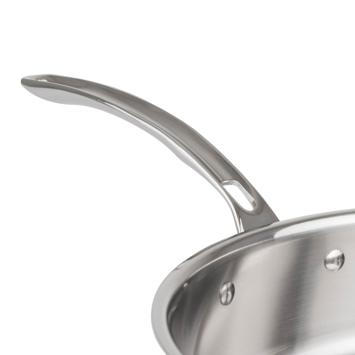 Close-up of a Viking 3-Ply Copper Clad frying pan from the Viking Culinary Products set, showing its shiny riveted handle with a hanging hole and part of the pan’s edge, all against a white background.