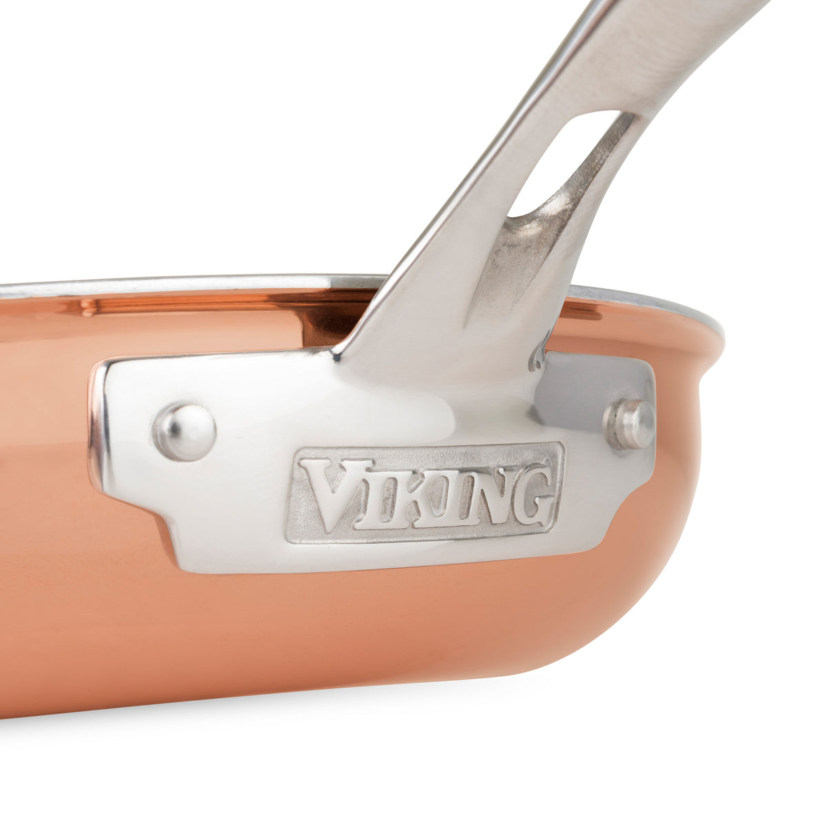 Close-up of Viking Culinary Products’ 3-Ply Copper Clad 13-Piece Cookware Set with Glass Lids, featuring copper with a stainless steel handle and tri-ply build for excellent thermal conductivity and versatile use in any kitchen.