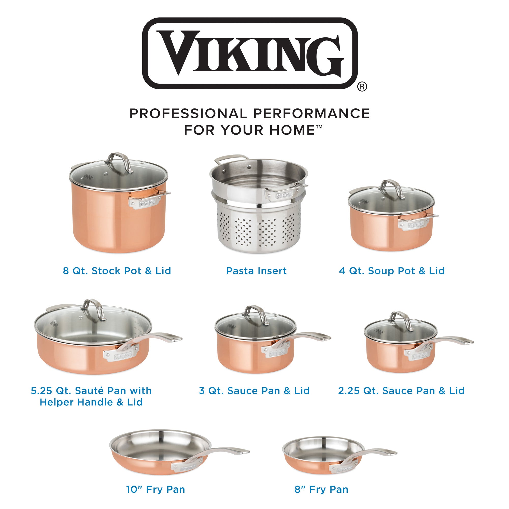 Image features the Viking 3-Ply Copper Clad 13-Piece Cookware Set with Glass Lids from Viking Culinary Products, offering superior heat distribution and versatility with pots, fry pans, sauté pan with helper handle, and saucepans—all with lids.