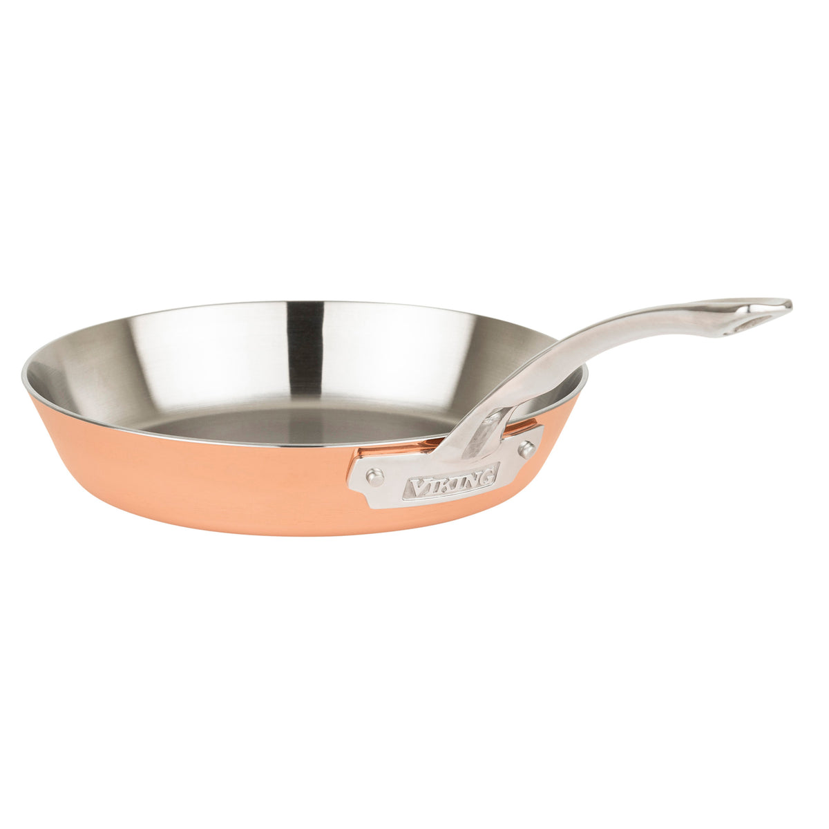 The Viking Culinary Products Contemporary 4-Ply Copper Clad 9-Piece Cookware Set features a shiny stainless steel interior, metal handles, and a beautiful copper exterior, all shown against a white background.