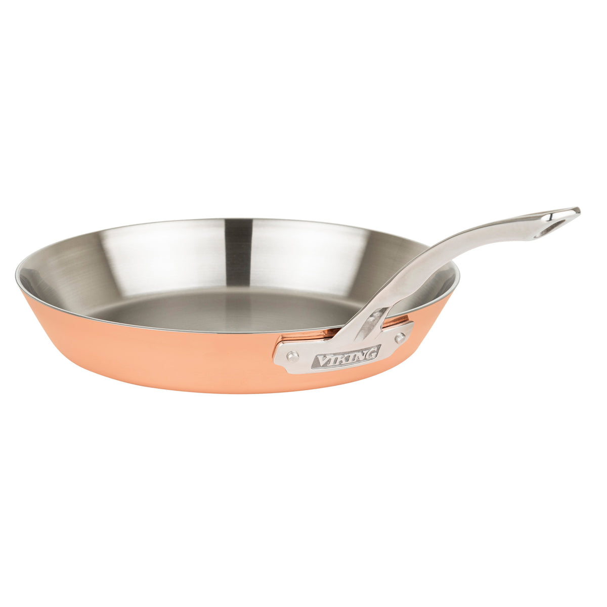 The Viking Contemporary 4-Ply Copper Clad 9-Piece Cookware Set by Viking Culinary Products features stainless steel and a shiny copper exterior, with curved metal handles engraved with the brand name, designed for induction cooking.