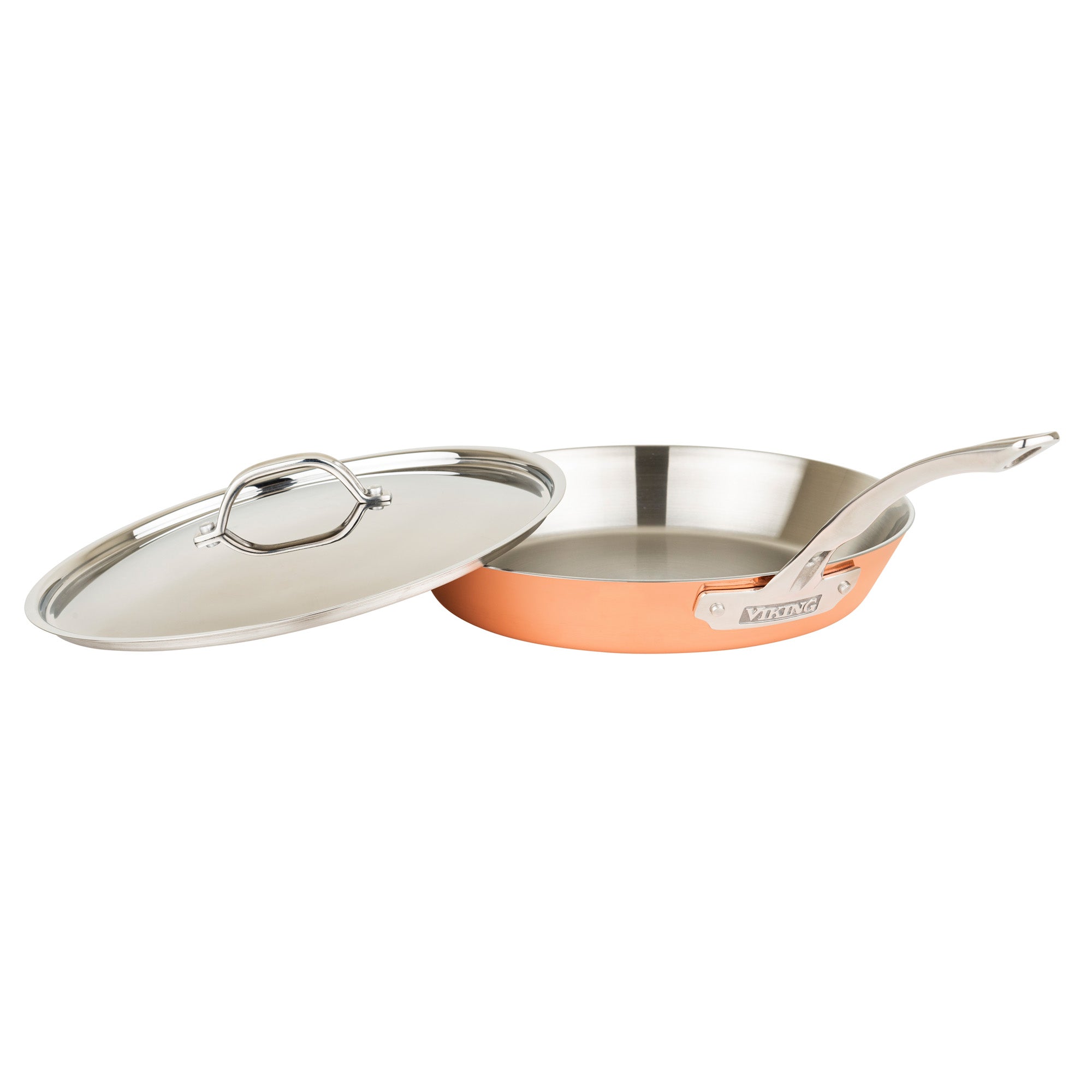 The Viking Contemporary 4-Ply Copper Clad 9-Piece Cookware Set by Viking Culinary Products includes metal lids, copper exteriors, and induction-ready pieces with long metal handles, displayed on a white background.