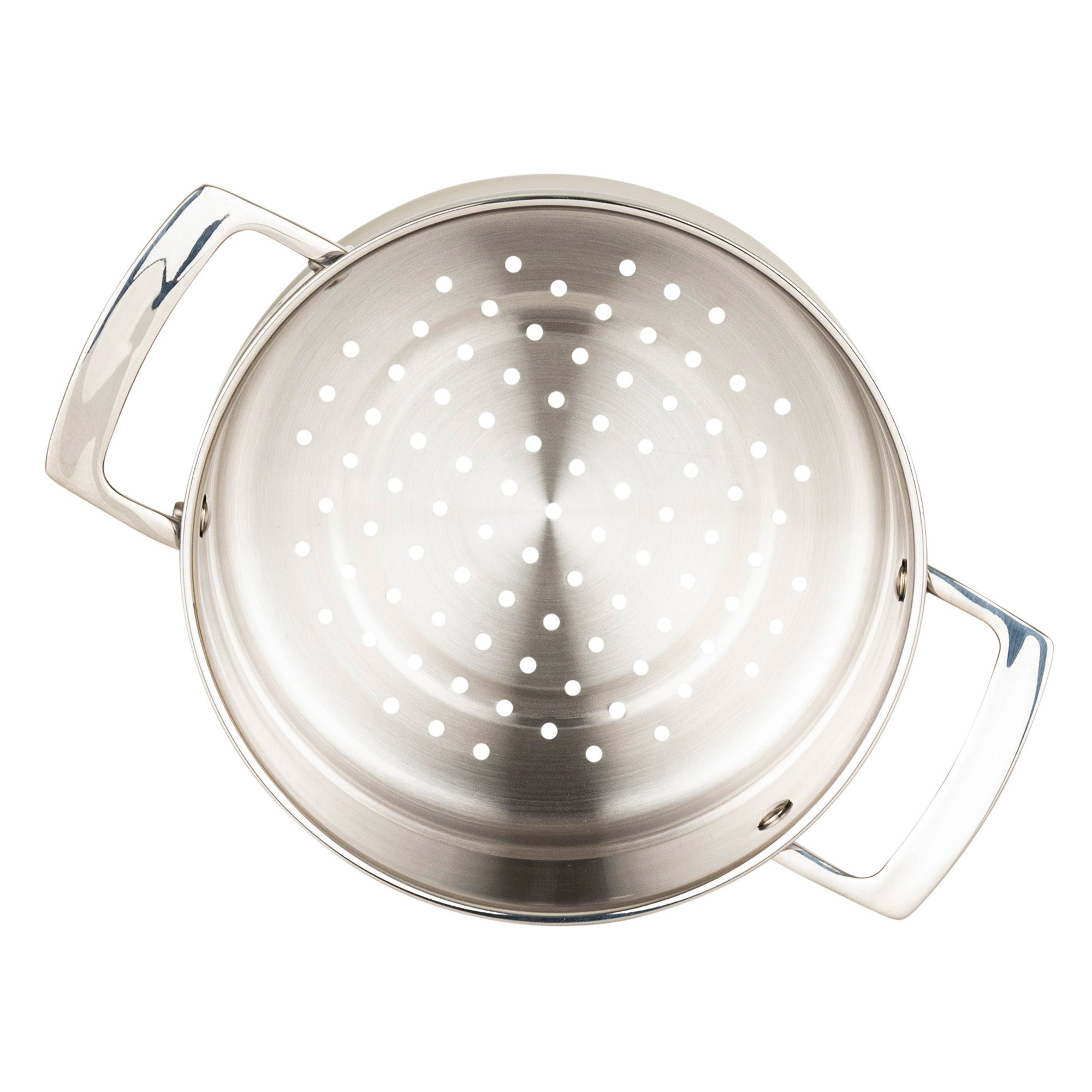 The Viking Contemporary 4-Ply Copper Clad 9-Piece Cookware Set by Viking Culinary Products features stainless steel pieces, including a colander with two handles and evenly spaced holes for efficient draining.