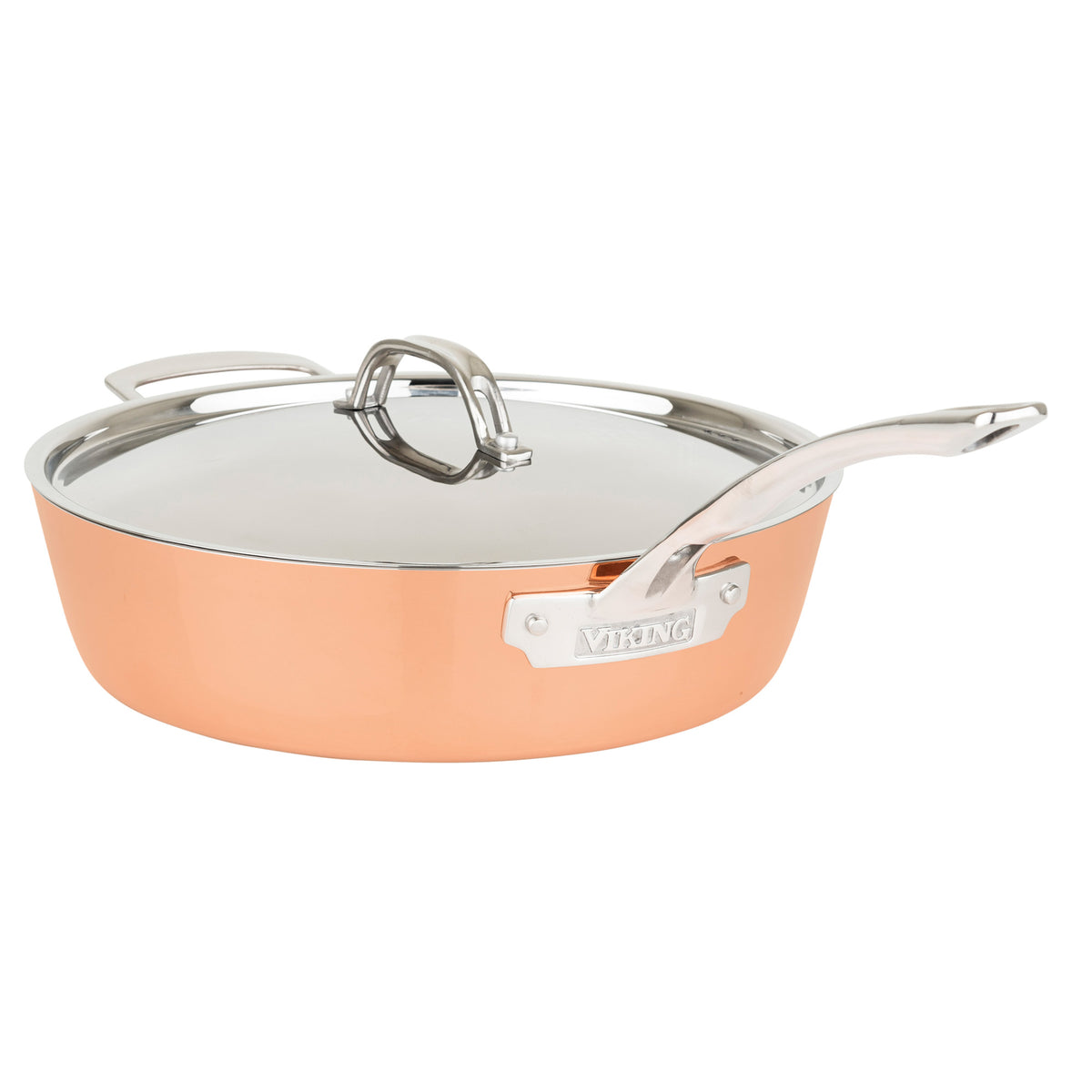 The Viking Contemporary 4-Ply Copper Clad 9-Piece Cookware Set by Viking Culinary Products features copper construction, metal lids with loop handles, polished exteriors, and is induction capable.