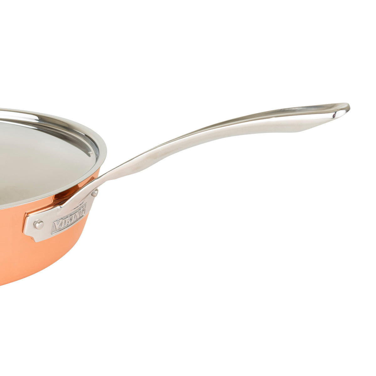 A close-up of the Viking Contemporary 4-Ply Copper Clad 9-Piece Cookware Set with metal lids by Viking Culinary Products, featuring induction-compatible copper cookware and stainless steel handles against a white background.