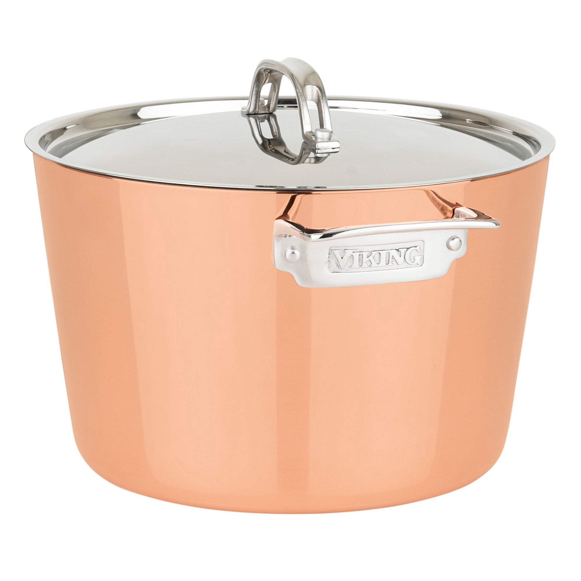 The Viking Contemporary 4-Ply Copper Clad 9-Piece Cookware Set by Viking Culinary Products features a copper exterior, stainless steel lids and handles, VIKING branding on a metal plate, and is induction capable for versatile cooking.