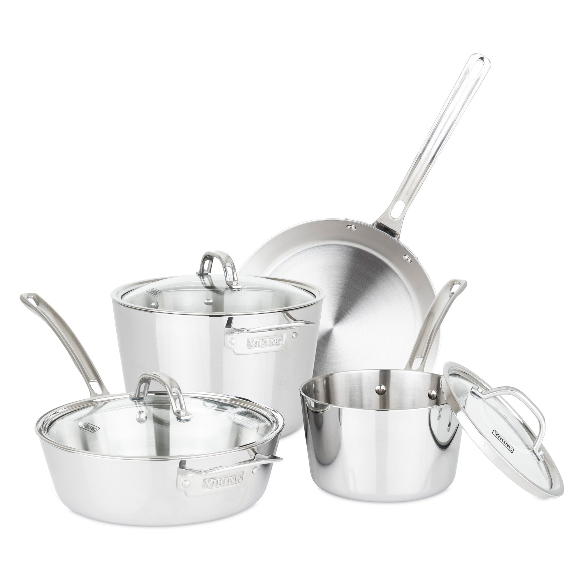 The Viking Culinary Products Contemporary 3-Ply Stainless Steel 7-Piece Cookware Set features a frying pan, sauté pan, saucepan, and stockpot with glass lids and metal handles. Induction compatible and displayed on a white background.