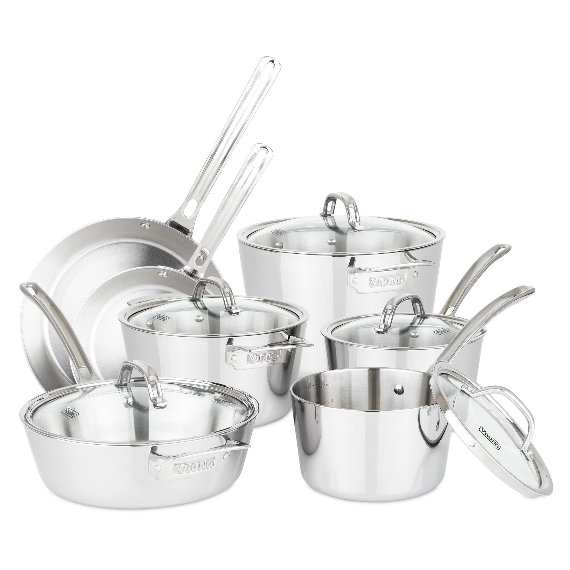 The Viking Culinary Products Contemporary 3-Ply Stainless Steel 12-Piece Cookware Set features induction-compatible pots and pans with glass lids, sturdy handles, a polished finish, and is oven safe—perfect for versatile cooking.