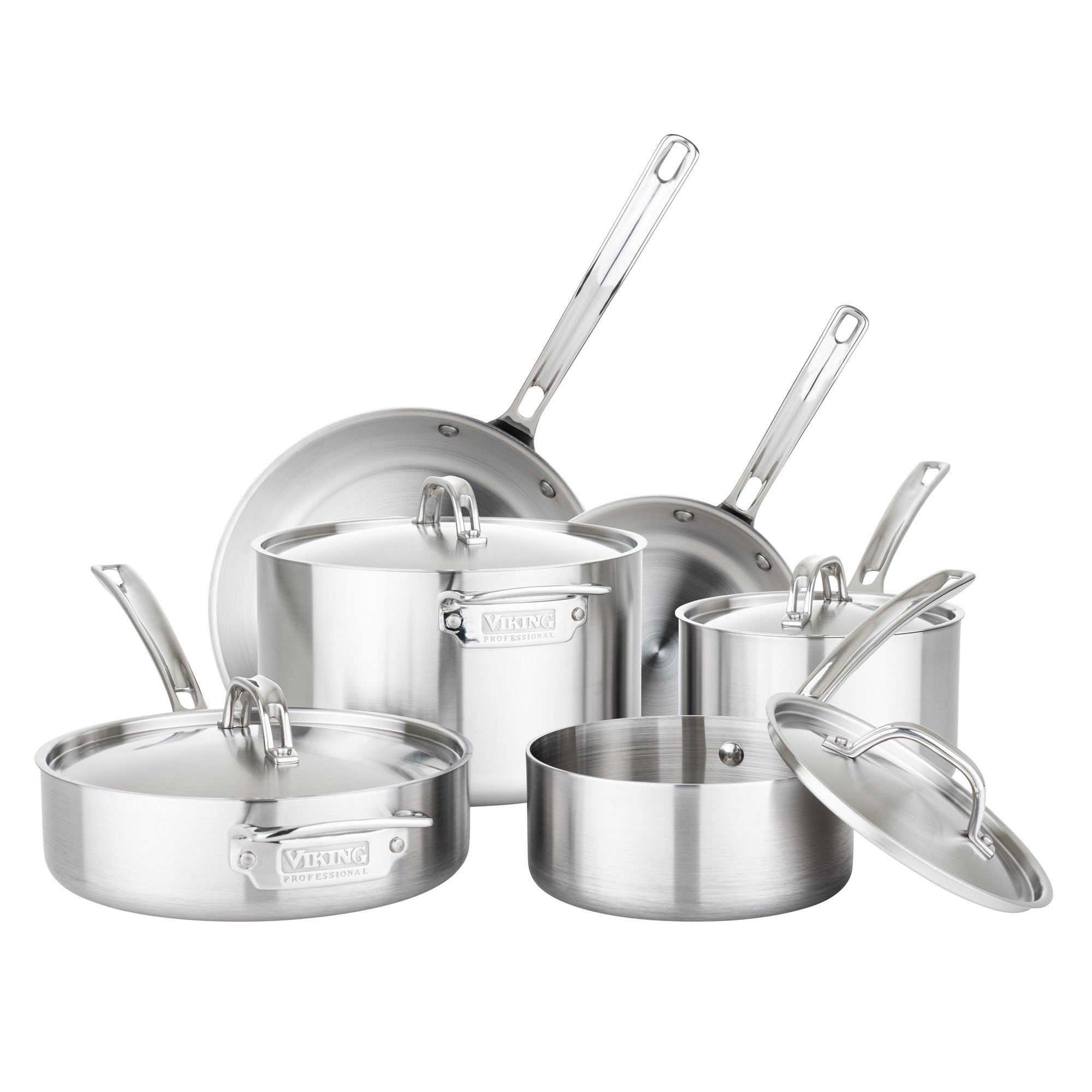 The Viking Professional 5-Ply 10-piece Cookware Set by Viking Culinary Products features stainless steel pots and pans with metal handles and lids, available in assorted sizes. Crafted for quality and backed by a Lifetime Warranty.