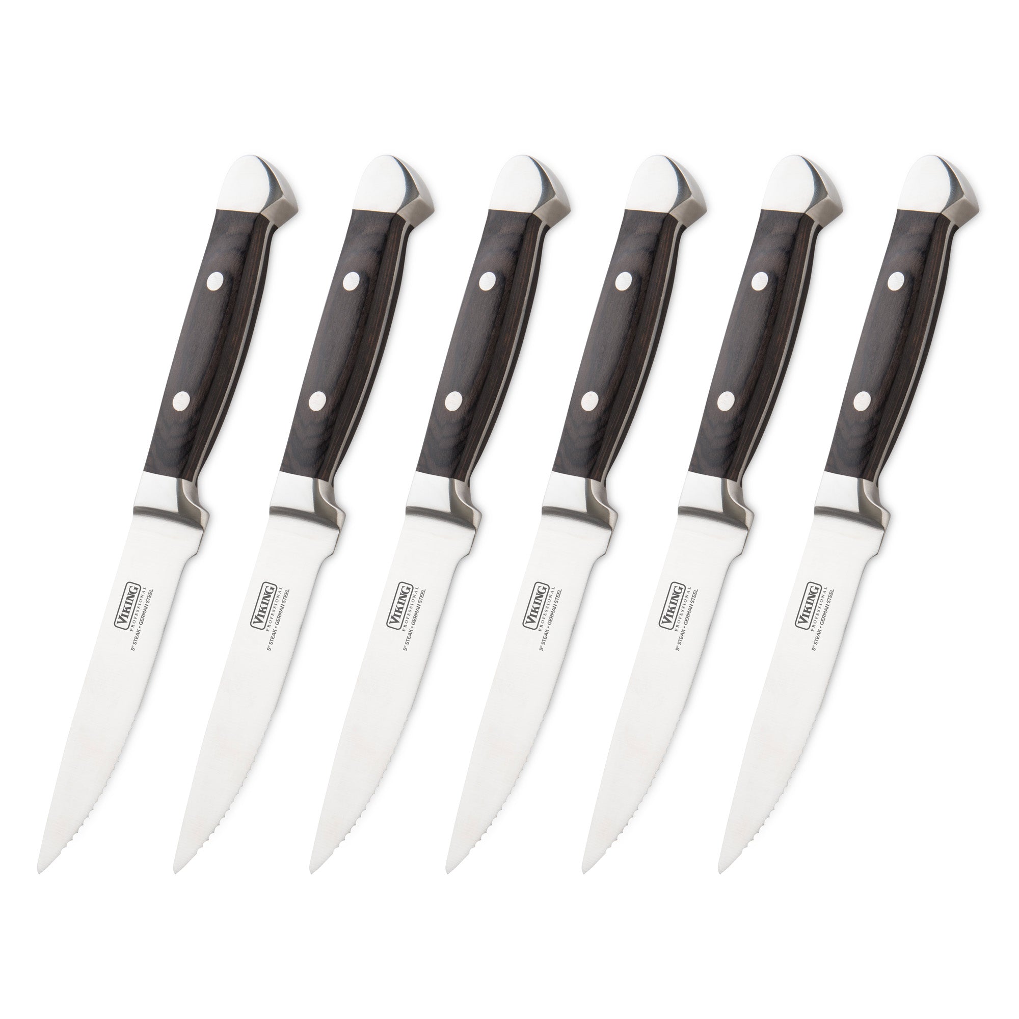 The Viking Steakhouse Pakka Wood 6-Piece Steak Knife Set by Viking Culinary Products features six black-handled knives with silver rivets, serrated German stainless steel blades, and metal-capped handles, arranged on a white background.