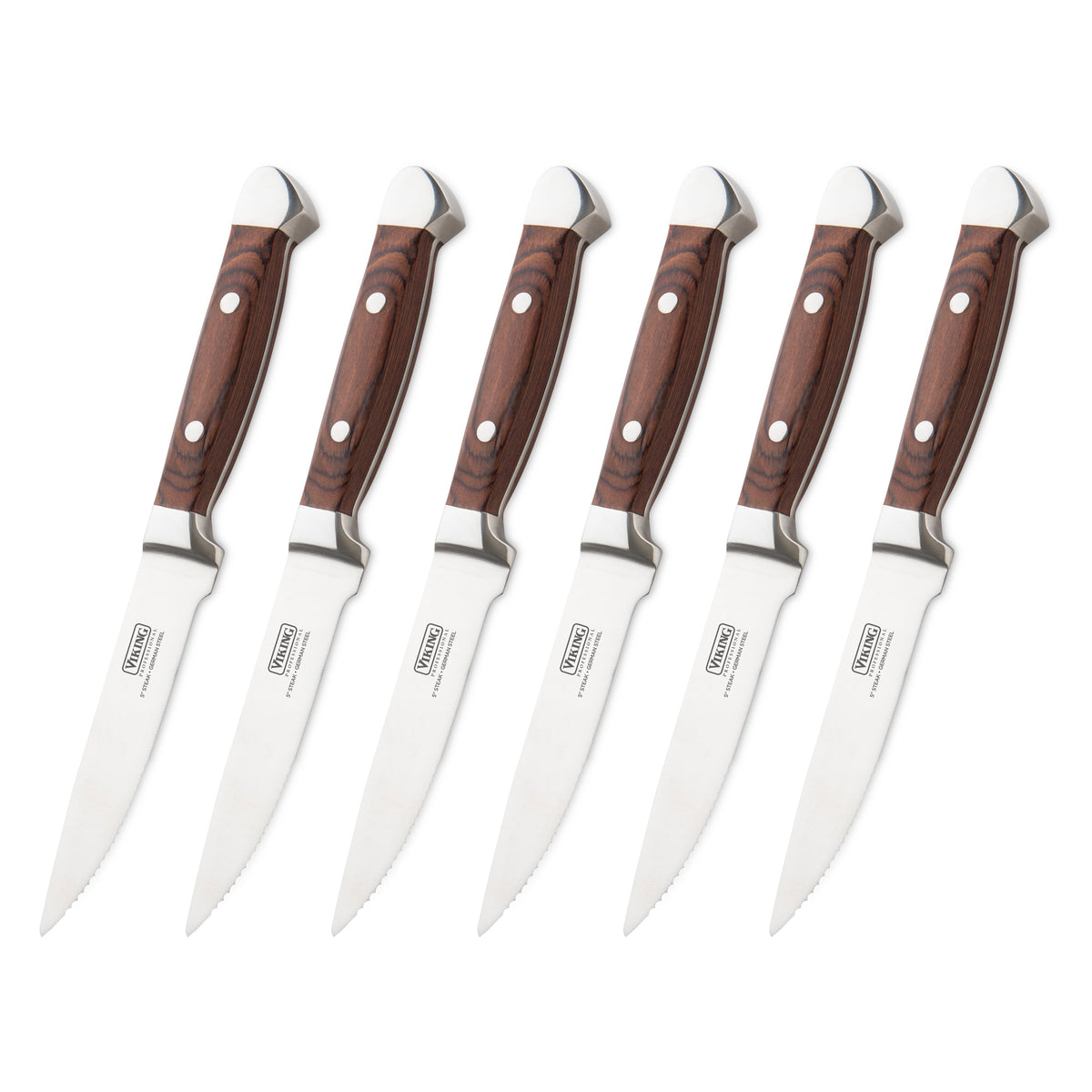 The Viking Culinary Products Steakhouse Pakka Wood 6-Piece Steak Knife Set (Red) features serrated, corrosion-resistant stainless steel blades and elegant pakkawood handles, displayed in a row on a white background.