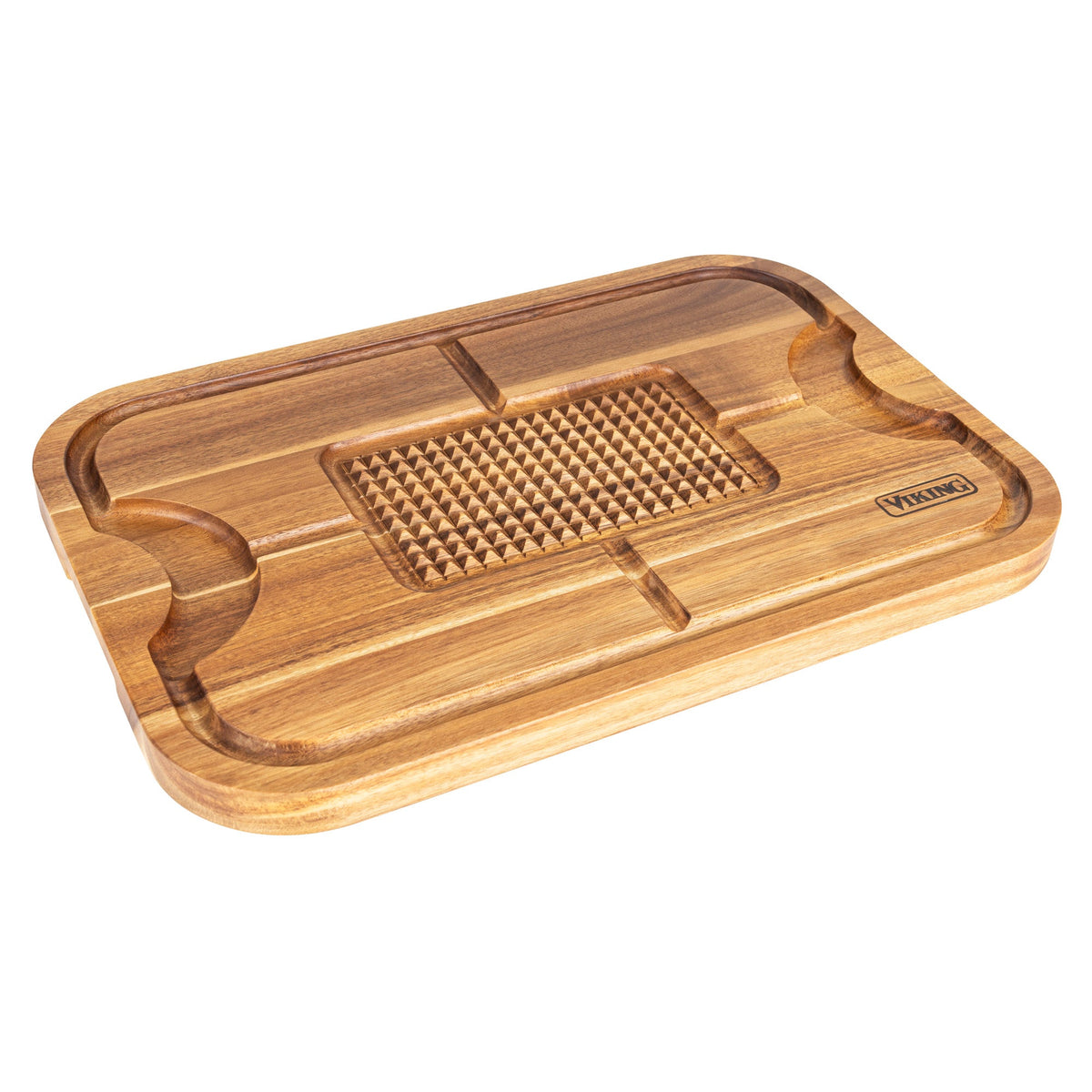 The Viking Acacia Wood Cutting Board with 3-Piece Stainless Steel Carving Set from Viking Culinary Products features grooved edges, a textured center for gripping food, and an engraved logo—ideal for use with your favorite carving knife.