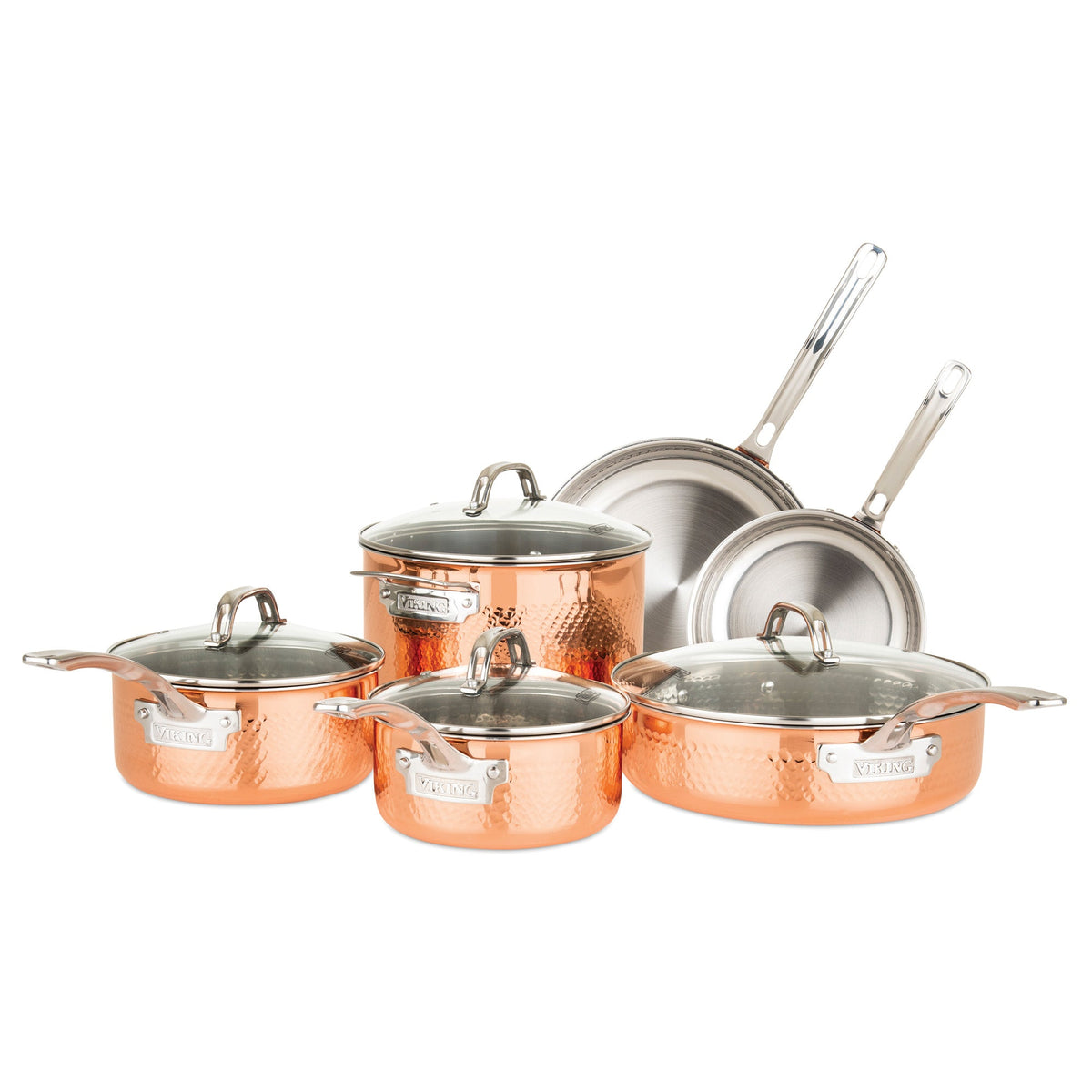 The Viking 3-Ply Hammered Copper Clad 10-Piece Cookware Set by Viking Culinary Products, with ergonomic handles and stainless steel accents, is arranged on a white background. Included are saucepans, stockpot, fry pans, and glass lids.