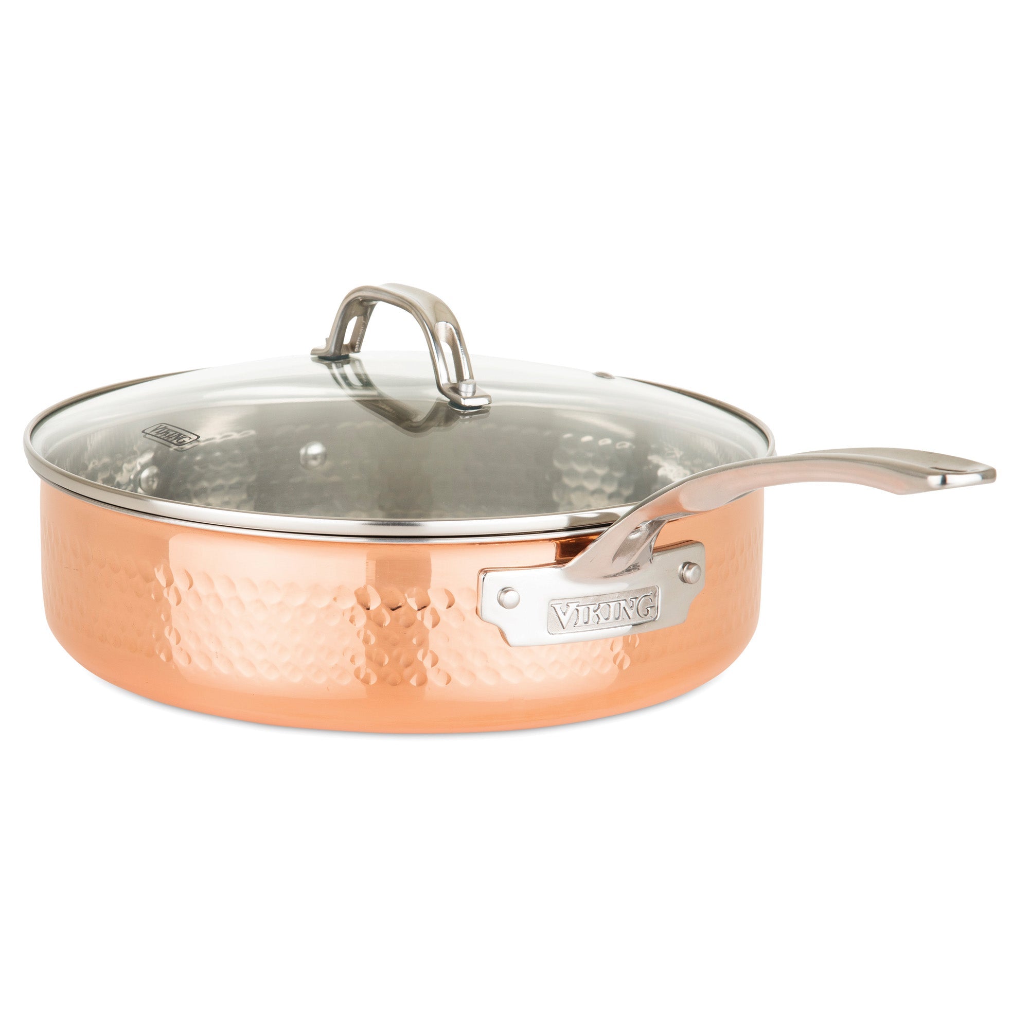 The Viking Culinary Products 3-Ply Hammered Copper Clad 10-Piece Cookware Set features a copper-colored, hammered finish, stainless steel interior, long stainless handles, tempered glass lids, and VIKING label for a modern, elegant look.