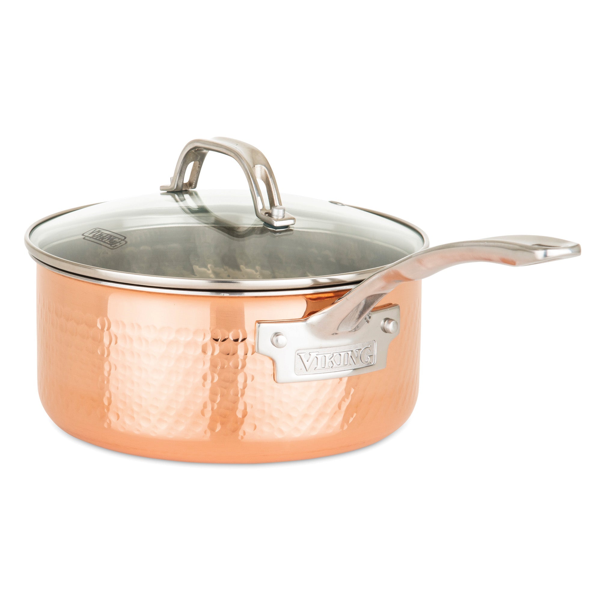 The Viking Culinary Products 3-Ply Hammered Copper Clad 10-Piece Cookware Set features durable hammered copper, glass lids, and ergonomic stainless steel handles. The Viking logo appears on a metal plate on each piece for lasting elegance and performance.
