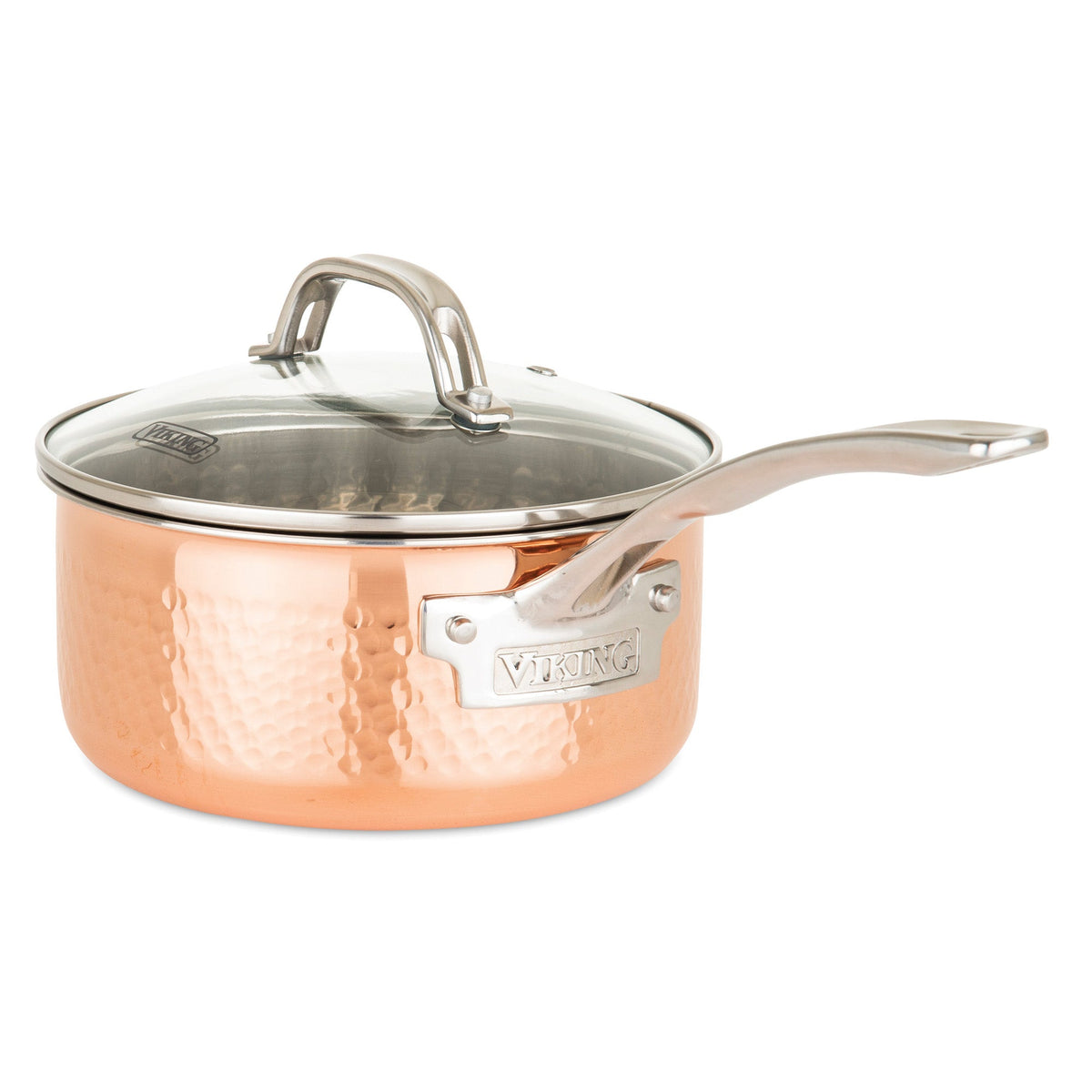 The Viking Culinary Products 3-Ply Hammered Copper Clad 10-Piece Cookware Set features durable copper construction, ergonomic stainless steel handles, and clear glass lids, with the Viking logo displayed on a metal label.