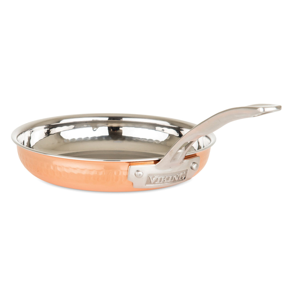 The Viking 3-Ply Hammered Copper Clad 10-Piece Cookware Set by Viking Culinary Products features a durable hammered copper exterior, polished stainless steel interior, and long silver handles engraved with VIKING.