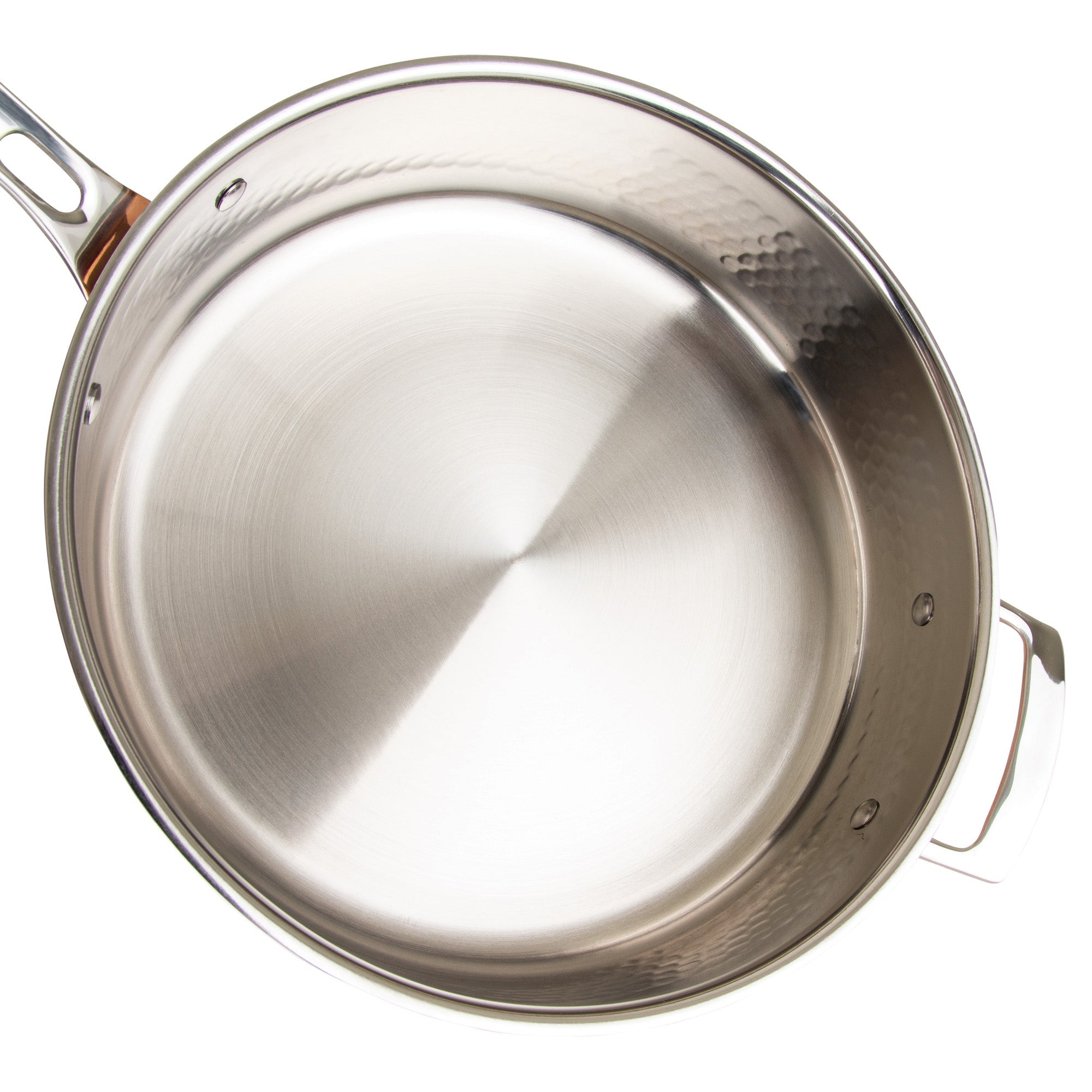 A top-down view of the Viking Culinary Products Viking 3-Ply Hammered Copper Clad pan, featuring ergonomic long and short handles and a slightly textured edge. The pan is clean and reflective, shown against a white background.