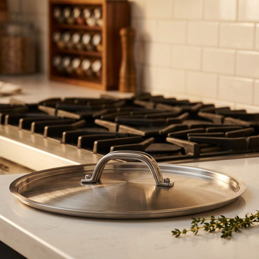 A round, stainless steel Viking Culinary Products Stainless Steel Lid - Fits 18cm Interior Diameter Pan with a U-shaped handle rests on a kitchen counter in front of a stovetop.
